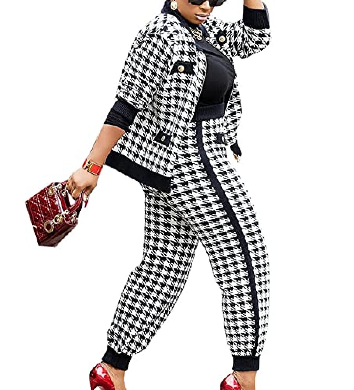 SOMTHRON Women's Houndstooth Print 2 Piece Outfit Set - Zip Up Jacket & Long Pants - X-Large Black - Buy Online on GoSupps.com