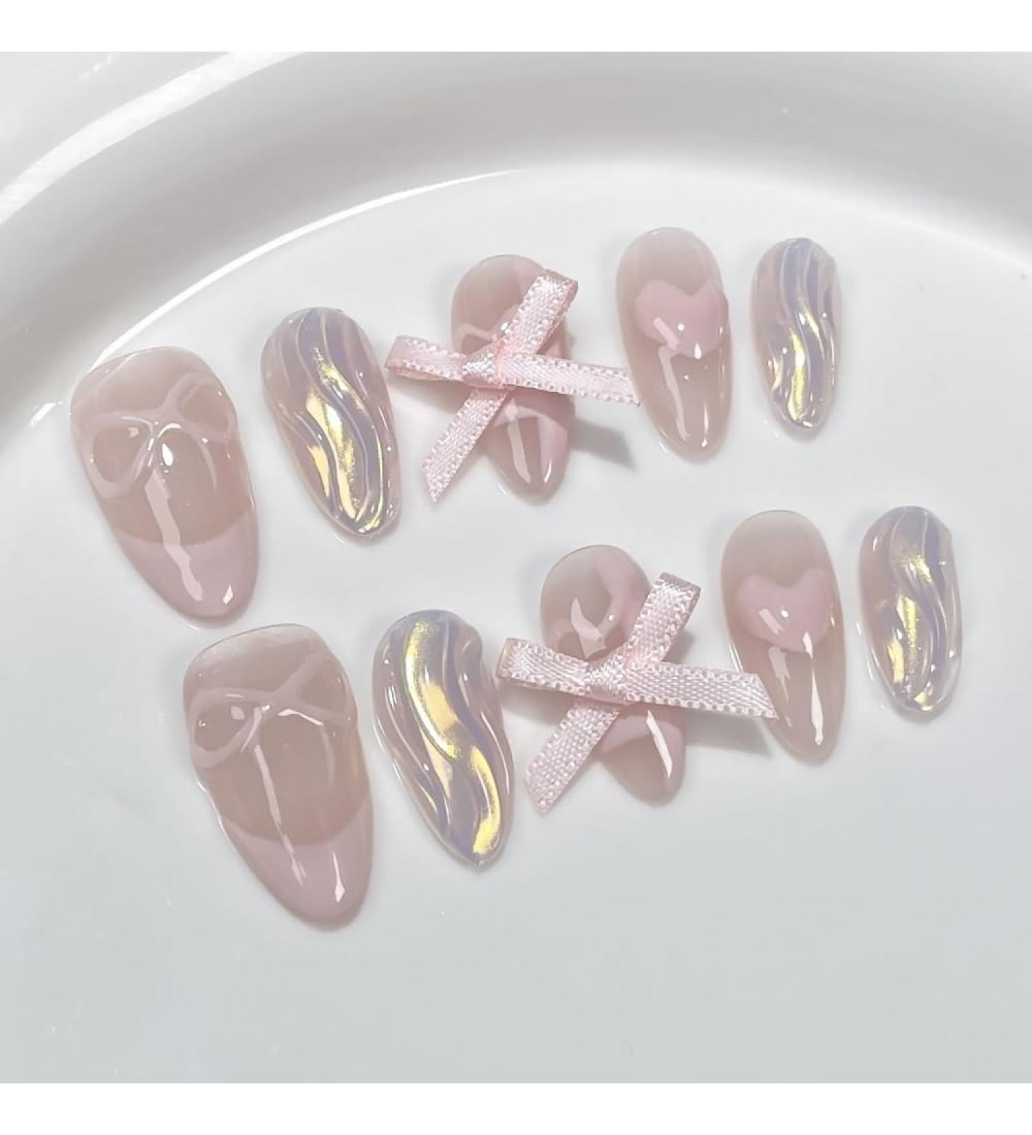 10Pc Blush Powder Almond False Nails Relief Hand drawn Bow Star Design Press on Nails Handmade Full Cover False Nail Tips(Color:7 Size:Xs)