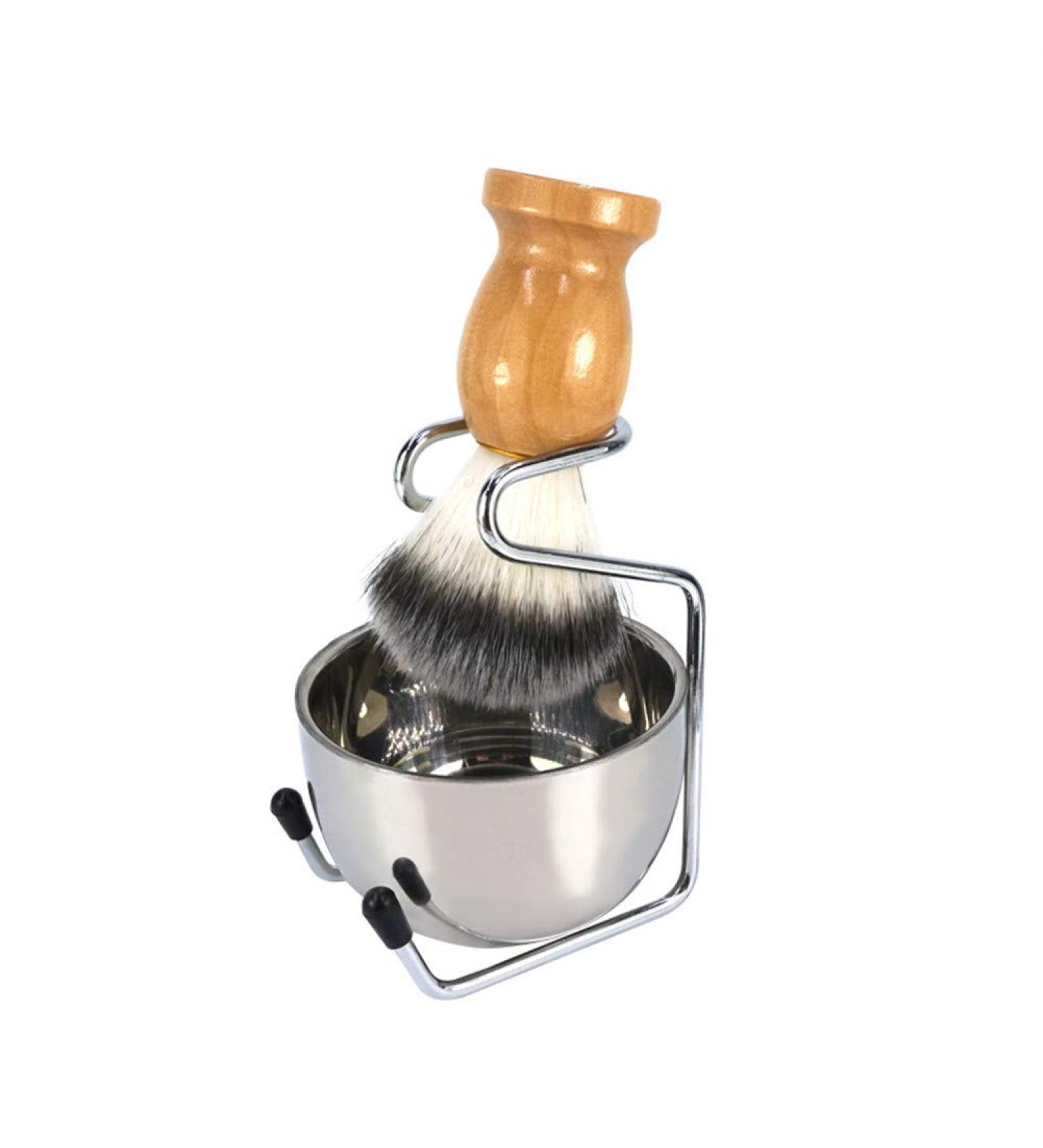 Premium 3-in-1 Razor Brush Set | Pure Roof Hair Natural Wood Handle & Stainless Steel Stand for Perfect Wet Shaving - International Shipping Available - Buy Online on GoSupps.com