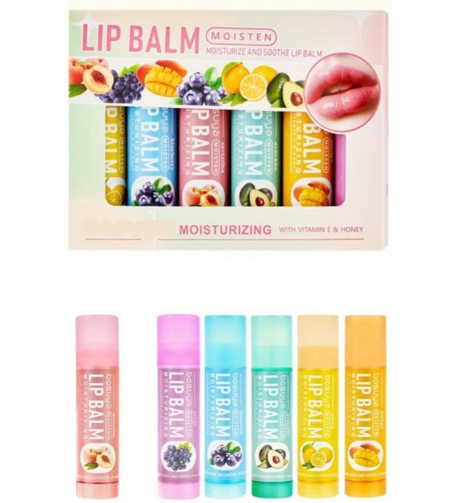 Moisturizing Fruit Flavored Lip Balm Set with Vitamin E & Honey 6 Pack Multi-Flavor 0.16 oz each. Nectarine Mango Lemon Avacado Grape and Blueberry