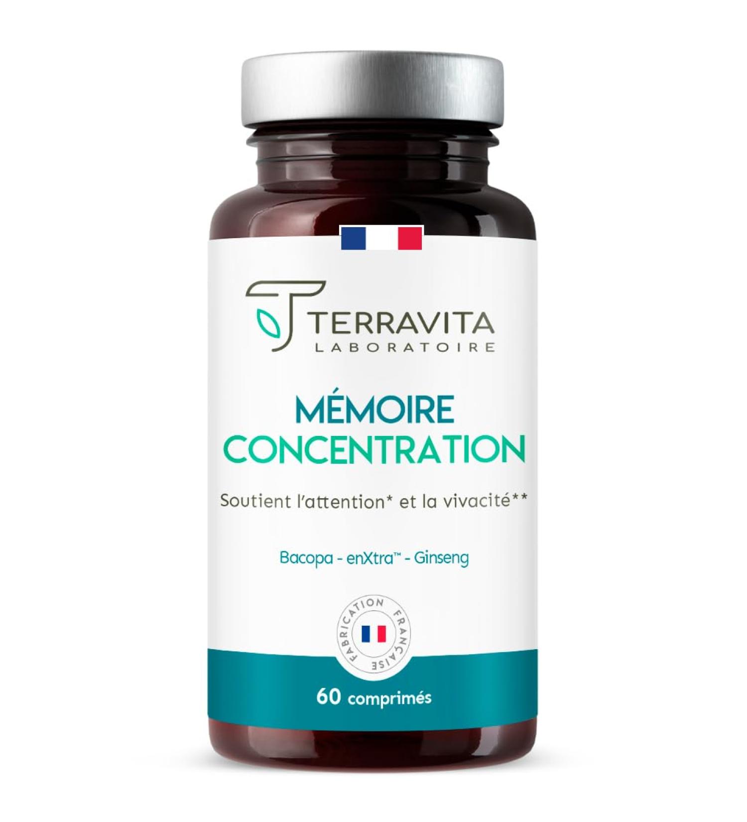 Memory Concentration | Korean Red Ginseng + Bacopa + EnXtra Patented Active | 5 Hours of Vivacity and Intellectual Clarity | Nootropic Caffeine Free | 60 Tablets | Made in France Terravita - Buy Online on GoSupps.com