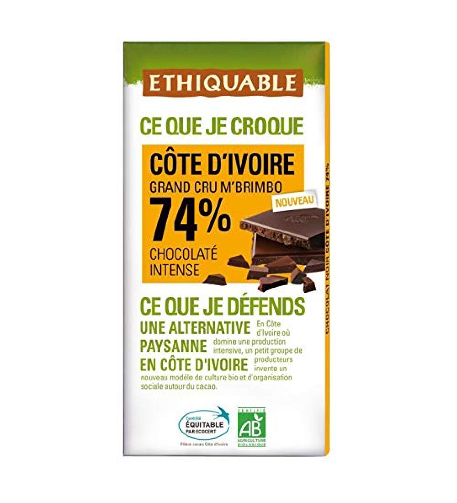 ETHIQUABLE - Dark Chocolate 74% Cocoa Cote D'Ivoire Organic 100G - Pack of 4