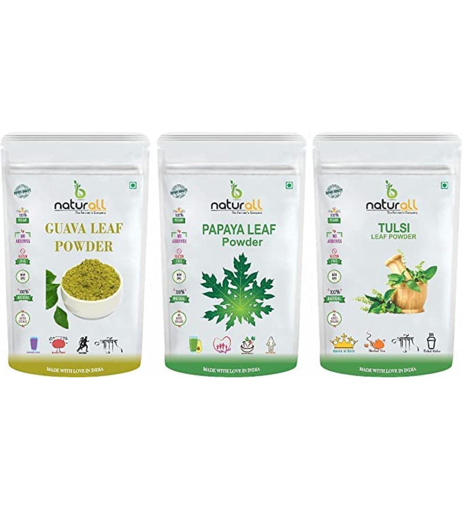 SHN Pack of 3 Tulsi Powder Papaya Leaf Powder Guava Leaf Powder (200 GM Each) Combo Pack 600 GM By B Naturall - Buy Online on GoSupps.com