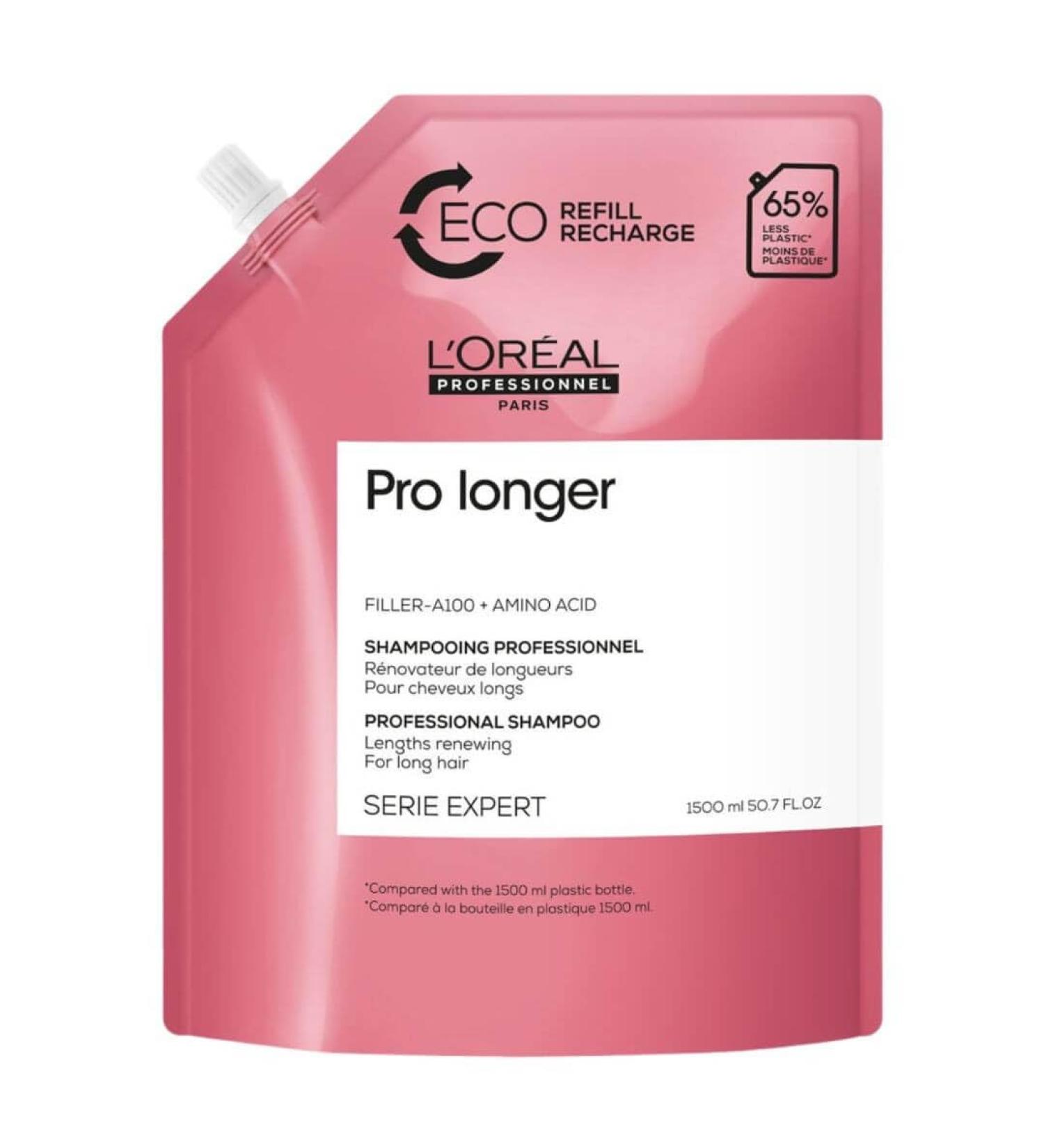 L'Oréal Professionnel, Length Renewing Shampoo, Eco-Refill, Long & Brittle Hair, Damaged & Split Ends, Hydrates, Strengthens & Protects the Fiber against Breakage, Pro Longer, 1500 ml
