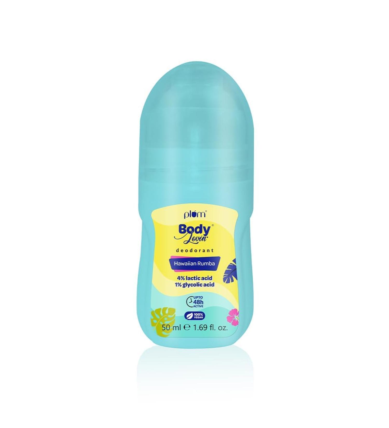P_lum BodyLovin Hawaiian Rumba Deodorant Roll On - 4% Lactic Acid 1% Glycolic Acid 48 Hr Odor Control & Brightening Aluminium-Free | Fresh Beachy Scent (50 ml) - Shop Internationally - Buy Online on GoSupps.com
