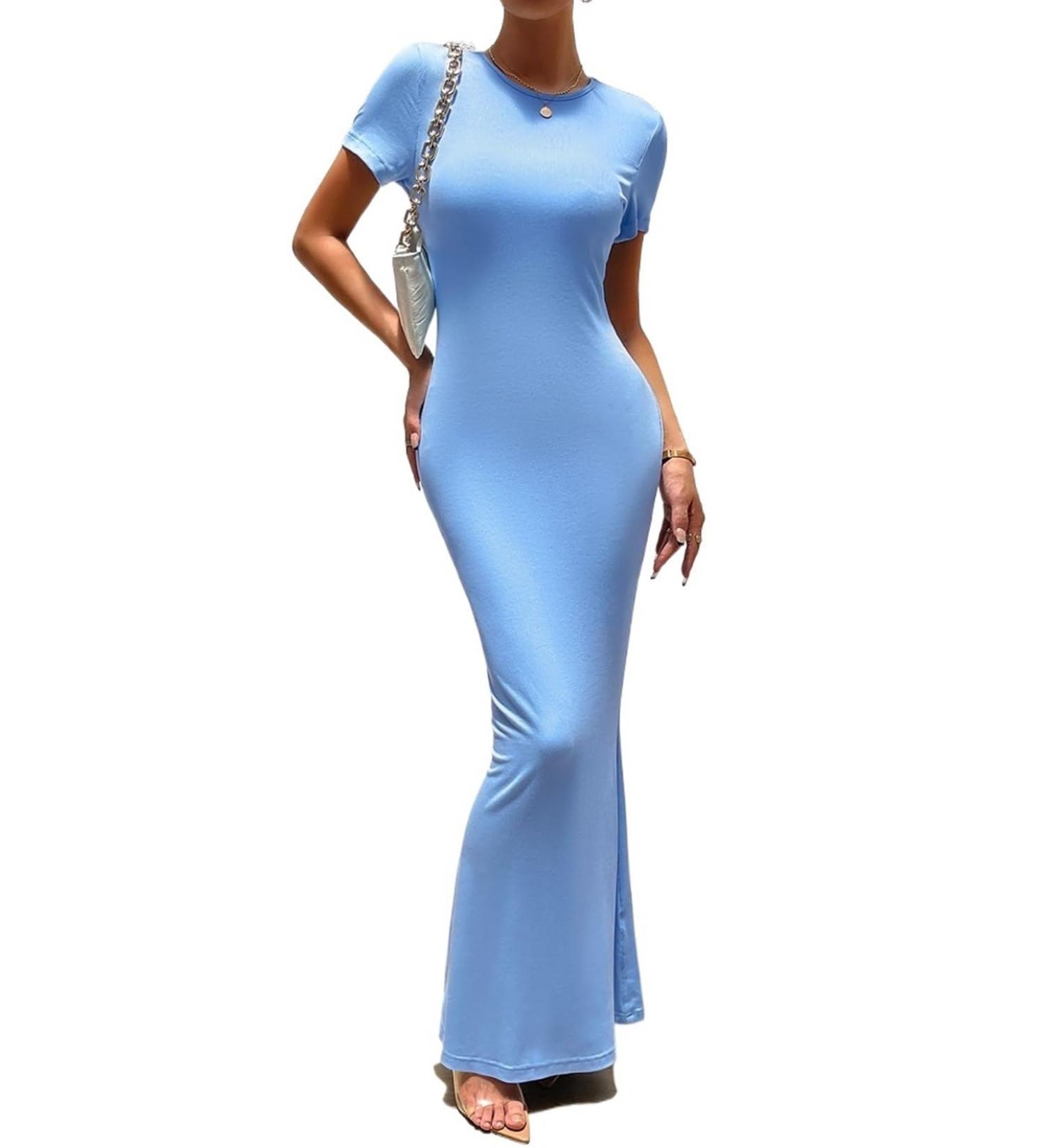 Maxi Dress for Women Short Sleeve Solid Color Round Neck Sexy Soft Elegant Long Bodycon Dresses M Blue - Buy Online on GoSupps.com