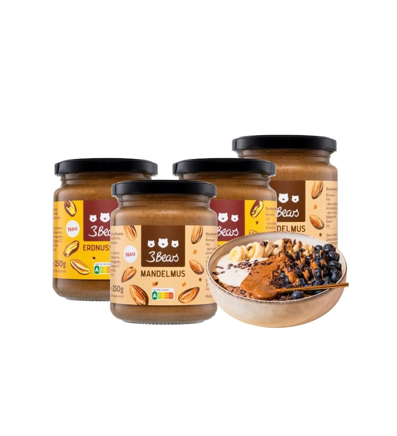 3bear's Peanutism & Almondmus | 100% Roasted Gluten-Free Vegan Nut Butters | Creamy & Intense Taste | 2 x 250g All Varieties - Buy Online on GoSupps.com