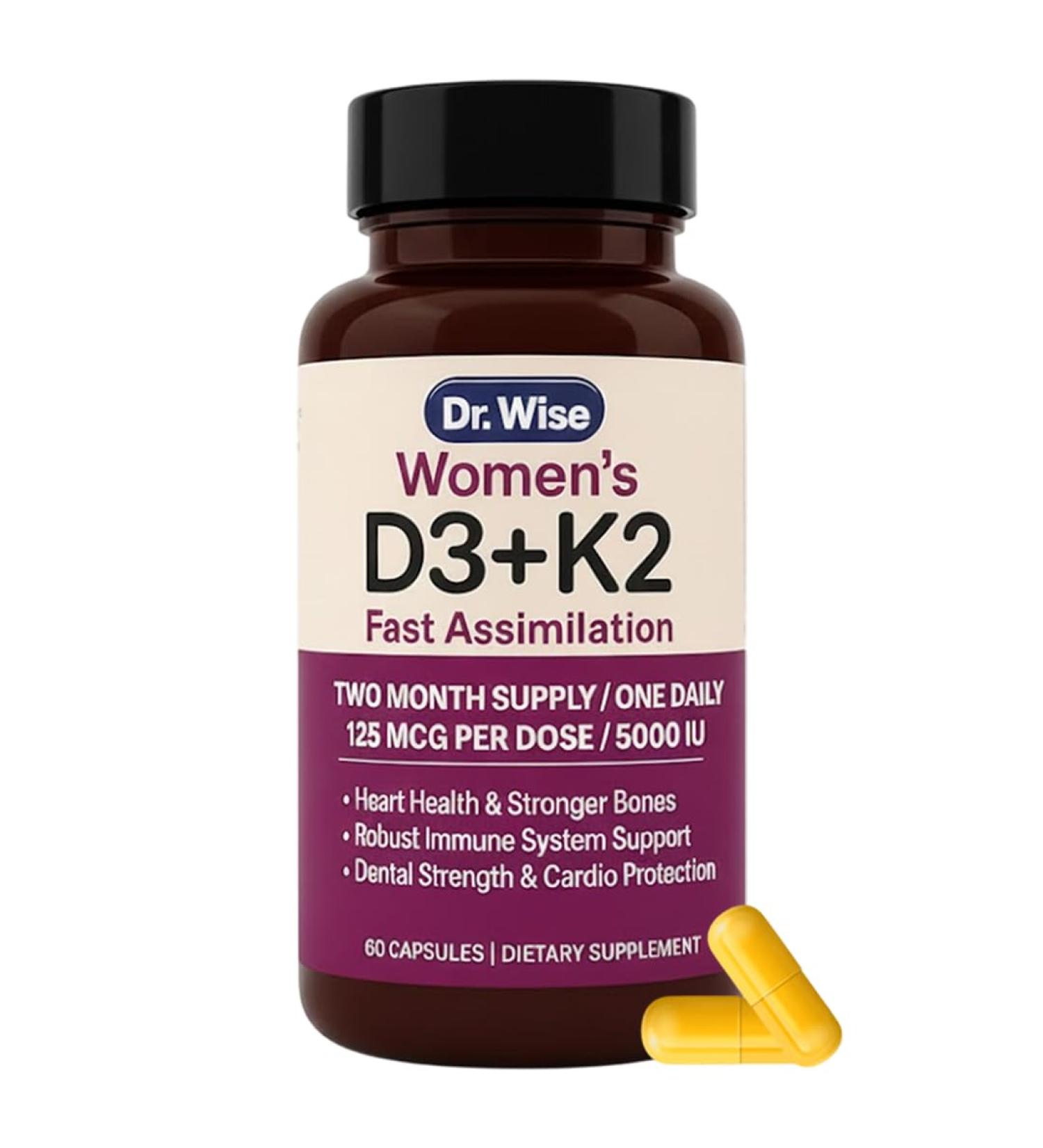 Dr. Wise Vitamin D3 5000 IU + K2 MK-7 High Potency Once-Daily D3 K2 Vitamin Supplement for Strong Bones, Heart & Immune Support | Easy-Swallow, Non-GMO 60 Capsules (2 Month Supply) - Buy Online on GoSupps.com