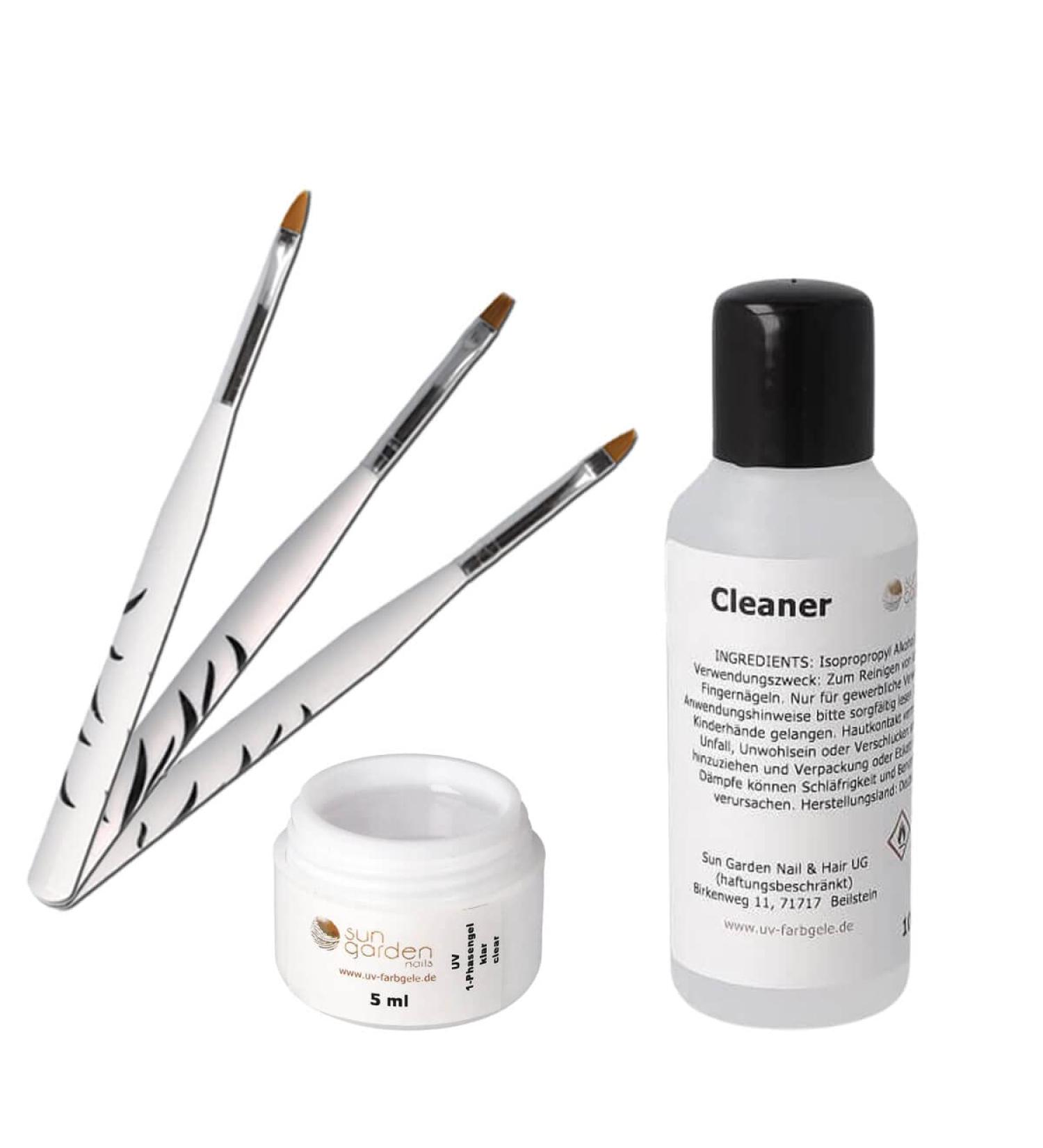 UV Gel 1-Phase Clear 5ml Set - Includes 3-Piece Brush Set & 100ml Nail Cleaner | Professional Nail Studio Essentials - Buy Online on GoSupps.com