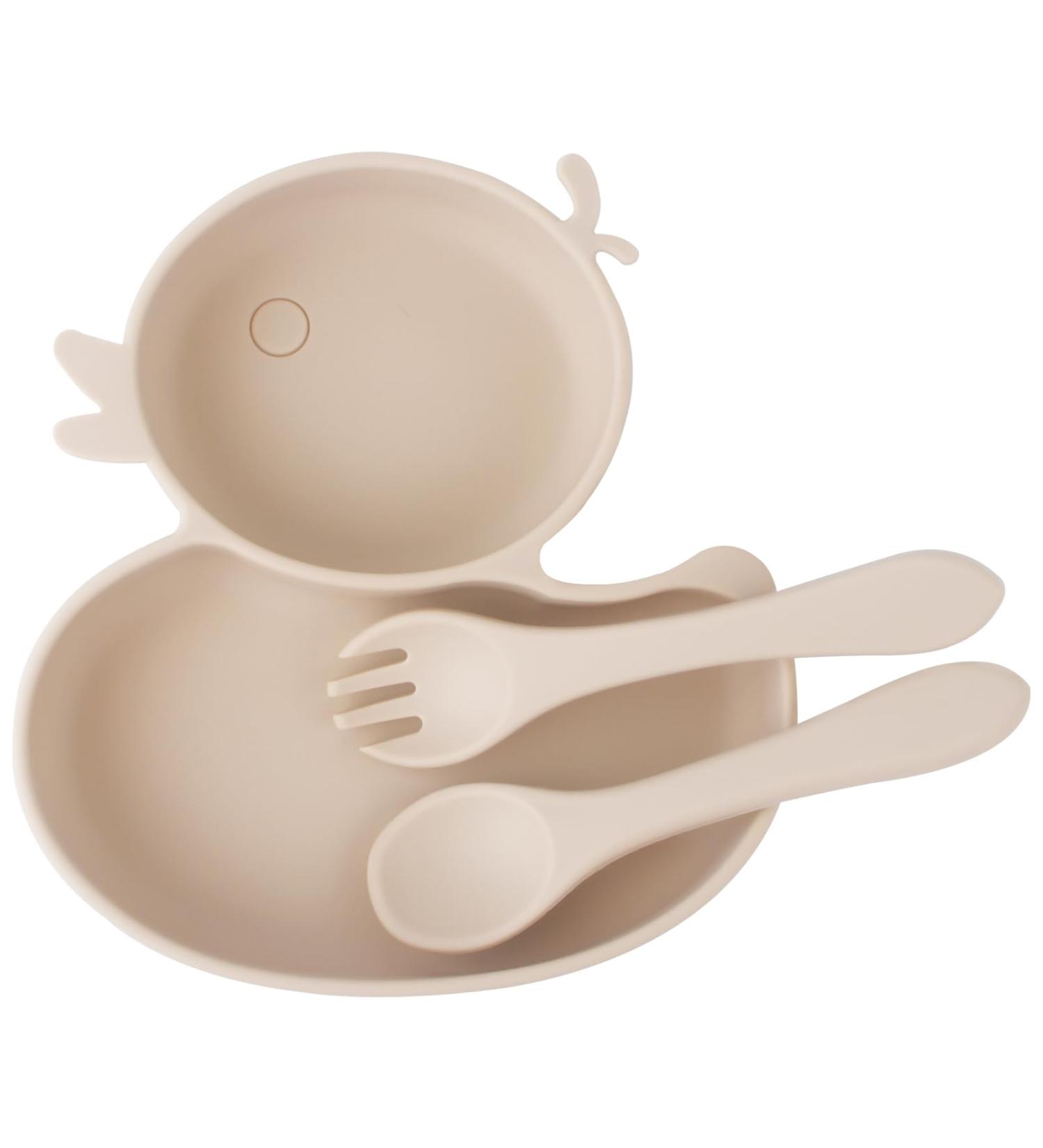 Suction Plate for Baby and Toddler | Divided Silicone Weaning Dish with Fork and Spoon | BPA Free - Beige - Buy Online on GoSupps.com