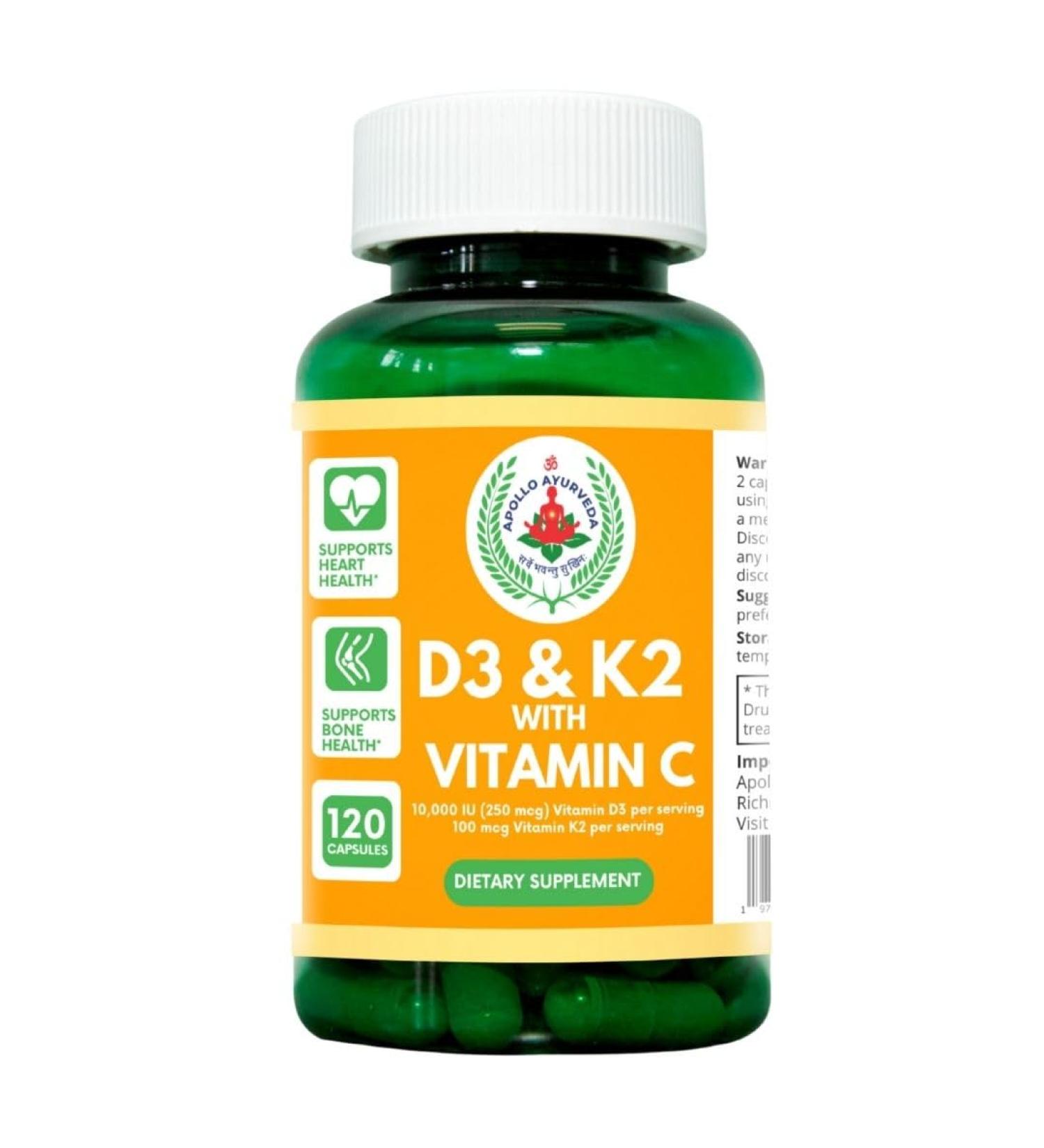 Apollo Ayurveda Vitamin D3 10000 IU & Vitamin K2 100 mcg with Vitamin C - 120 Capsules - Heart & Bone Support Capsule Supplemet - Non-GMO & Gluten Free Made in USA - Buy Online on GoSupps.com