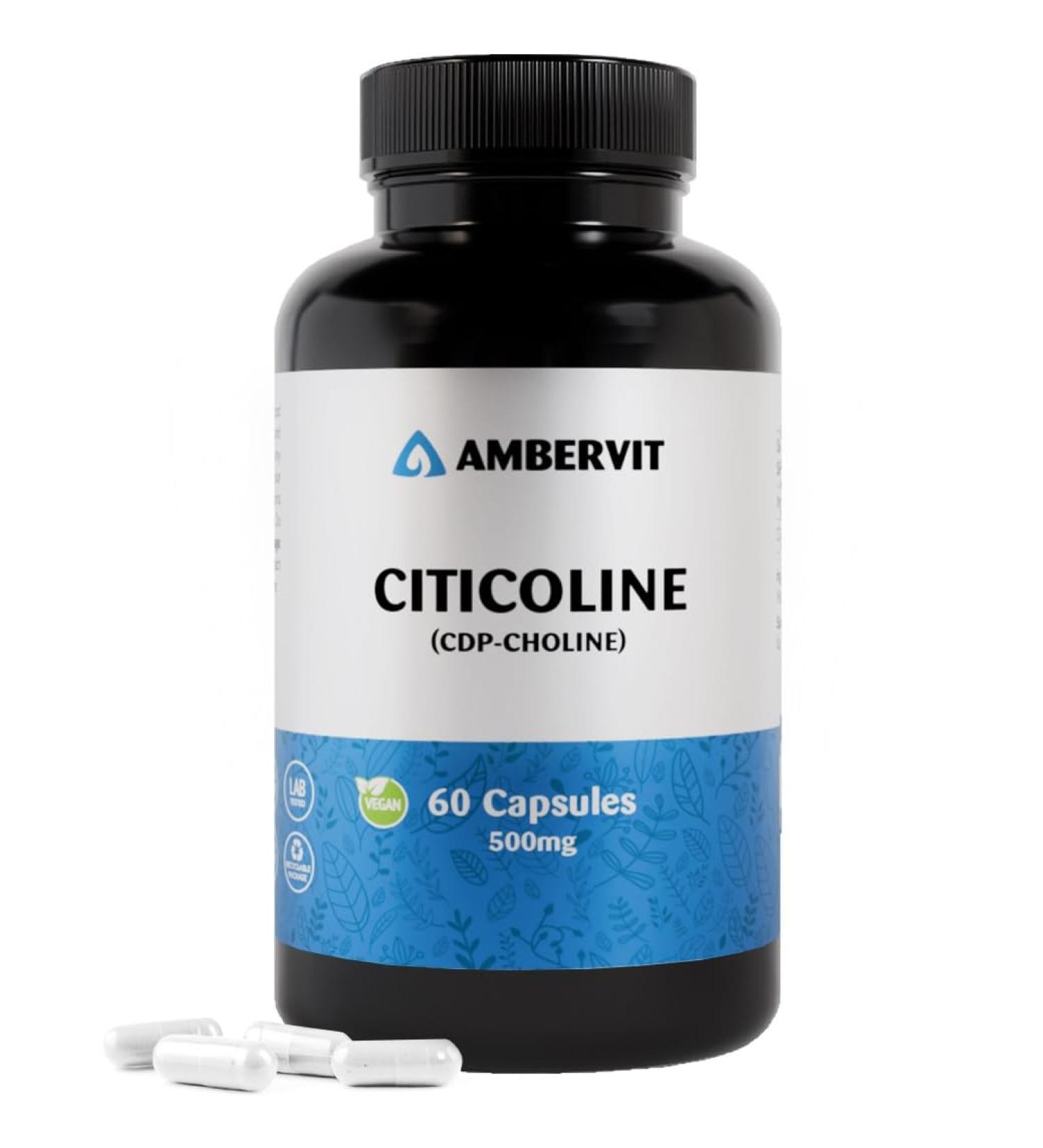 Citicoline CDP Choline 500mg - 60 Capsules - Dosage lev pour la m moire la concentration et le soutien mental - Sans additifs ind sirables - 2 mois d'approvisionnement | Ambervit - Buy Online on GoSupps.com