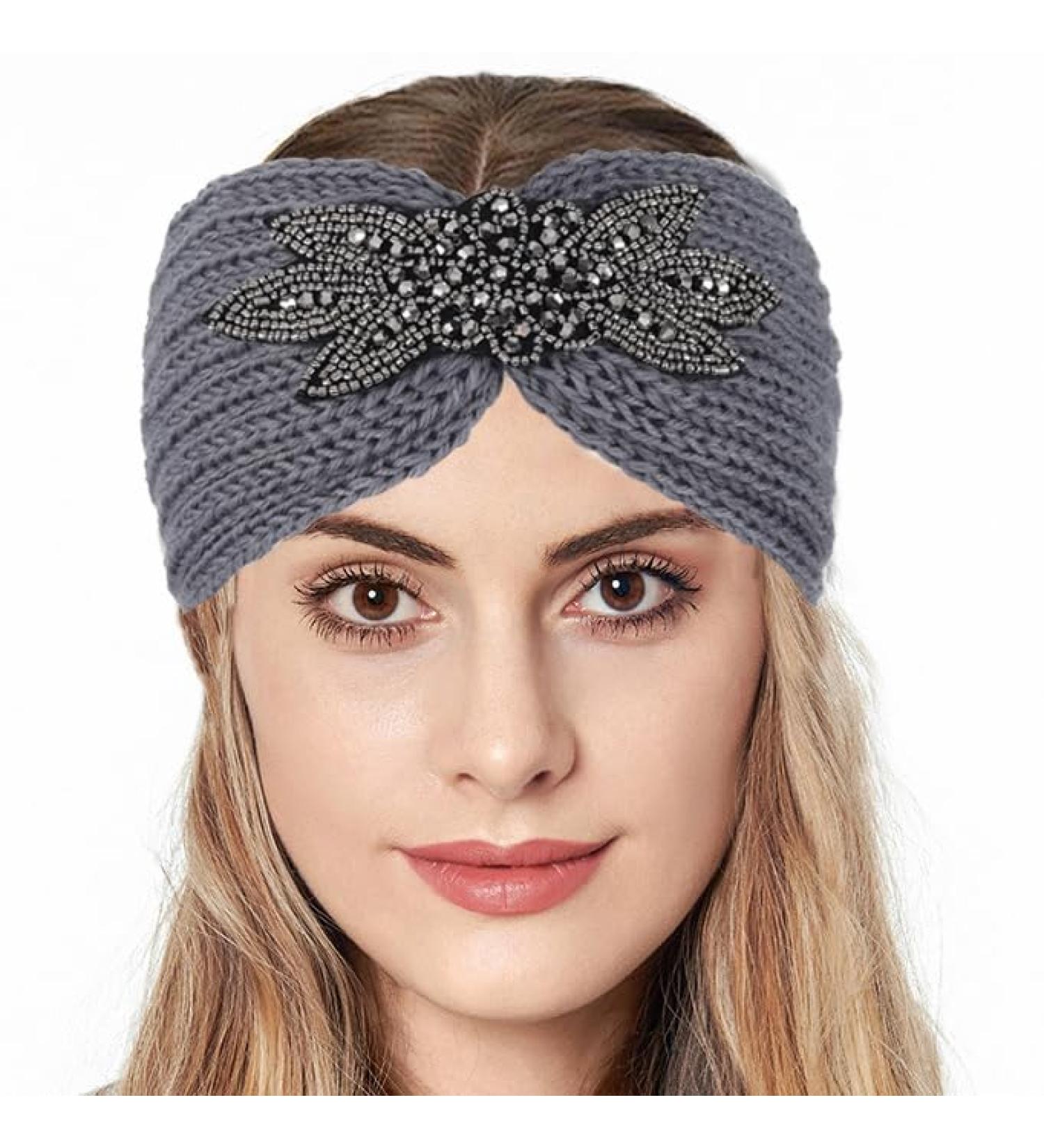Fashband Winter Knit Headbands Twist Rhinestones Headband Elastic Ear Warmer Thick Head Wraps for Women and Girls Grey - Buy Online on GoSupps.com