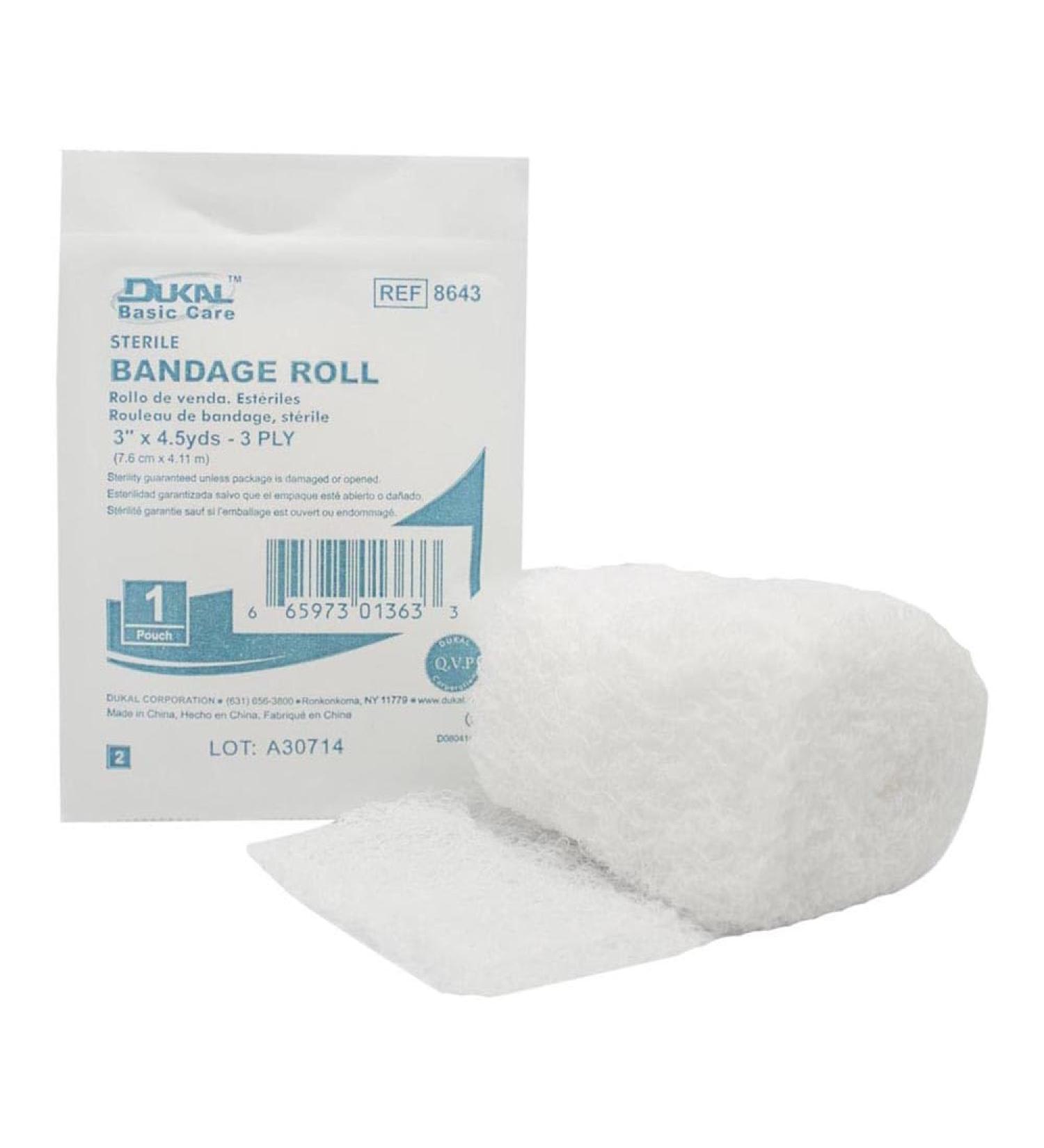 Dukal DUK 8643 Basic Care Bandage Roll 3-ply Sterile 3" Width 4.5 Yards Length (Pack of 96)