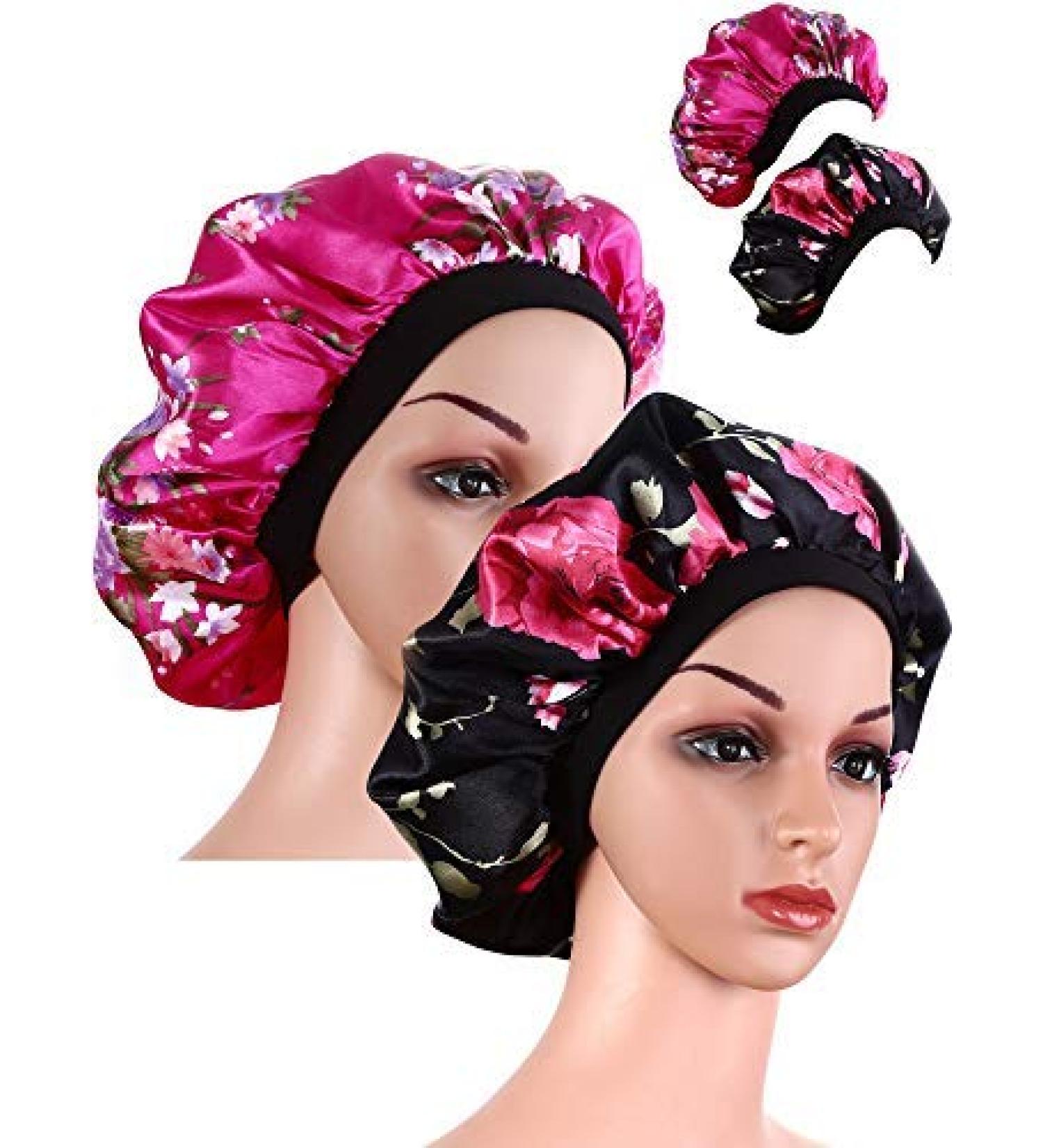 2 Pieces Wide Band Satin Cap Sleep Bonnet Soft Night Sleep Hat for Women and Girls (Black and Rose red)