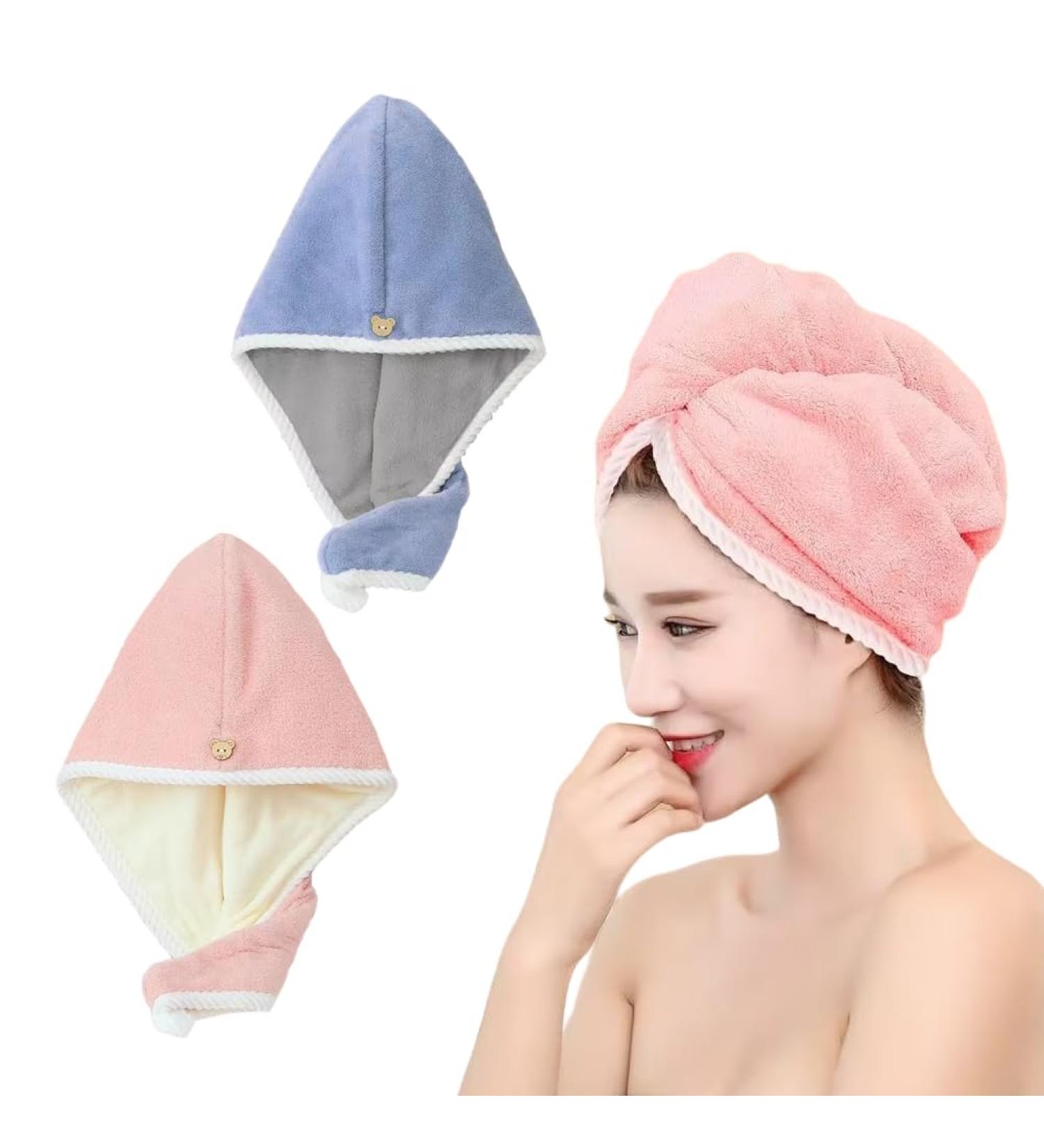 Microfiber Hair Towel Wrap for Women - 2 Pack Coral Velvet Turbans | Quick Dry Anti-Frizz Super Absorbent for All Hair Types - Pink & Blue Grey - Buy Online on GoSupps.com