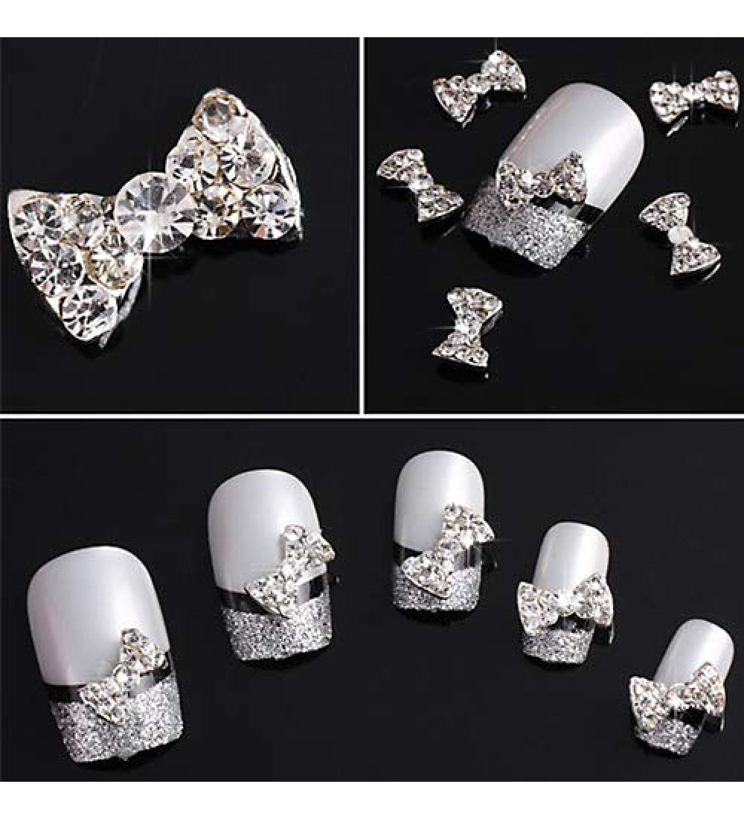 dragonaur 10 Pcs 3D Clear Alloy Rhinestone Bow Tie Nail Charm Beads Metal Nail Art Slices Studs DIY Nail Jewels Decorations Random Color