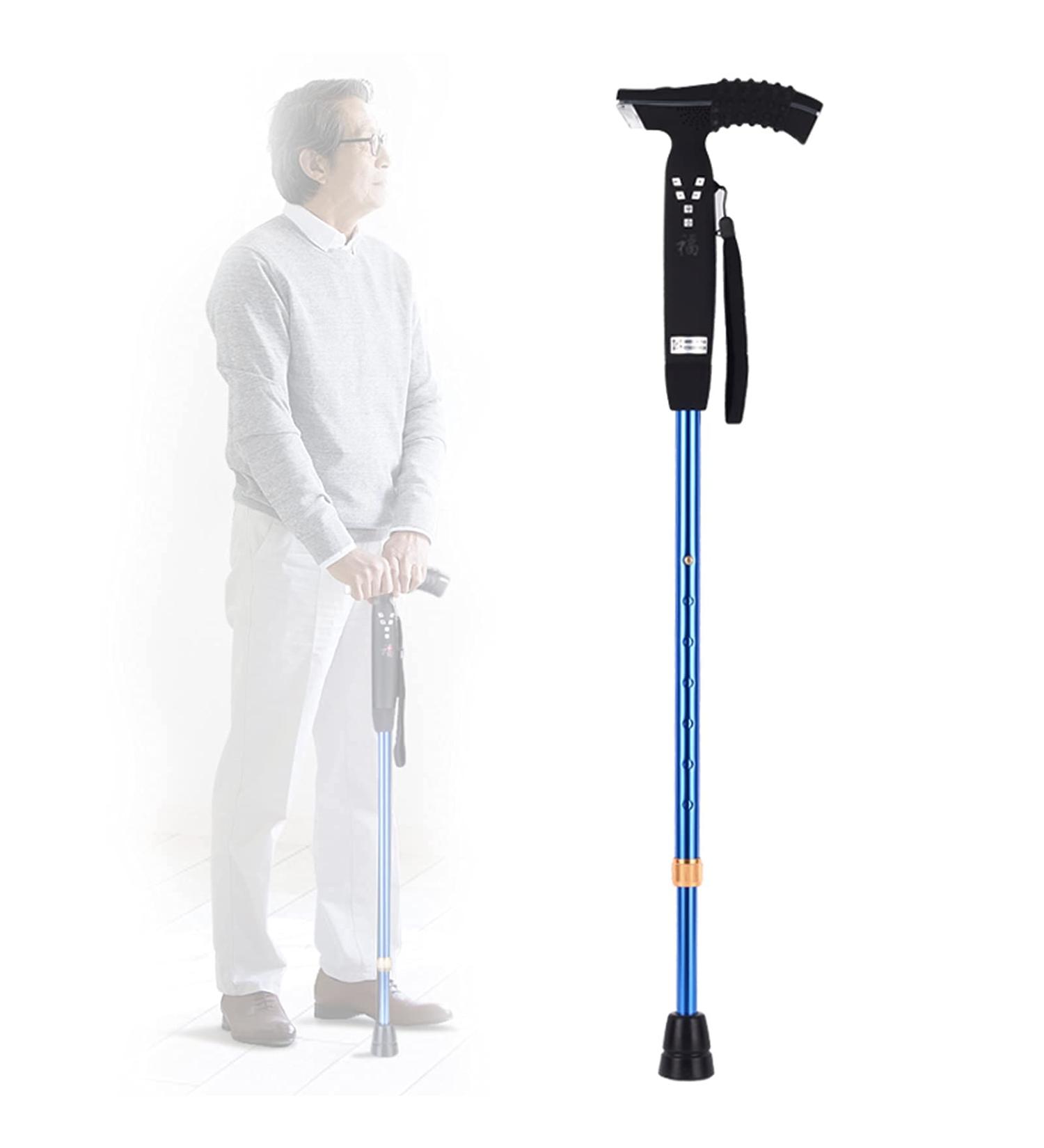 Adjustable Walking Stick Blue Smart Anti Slip Quad Cane for Seniors with Radio for Elderly LED Guide Light Fall Alarm S.O.S Alarm Star of Light - Buy Online on GoSupps.com