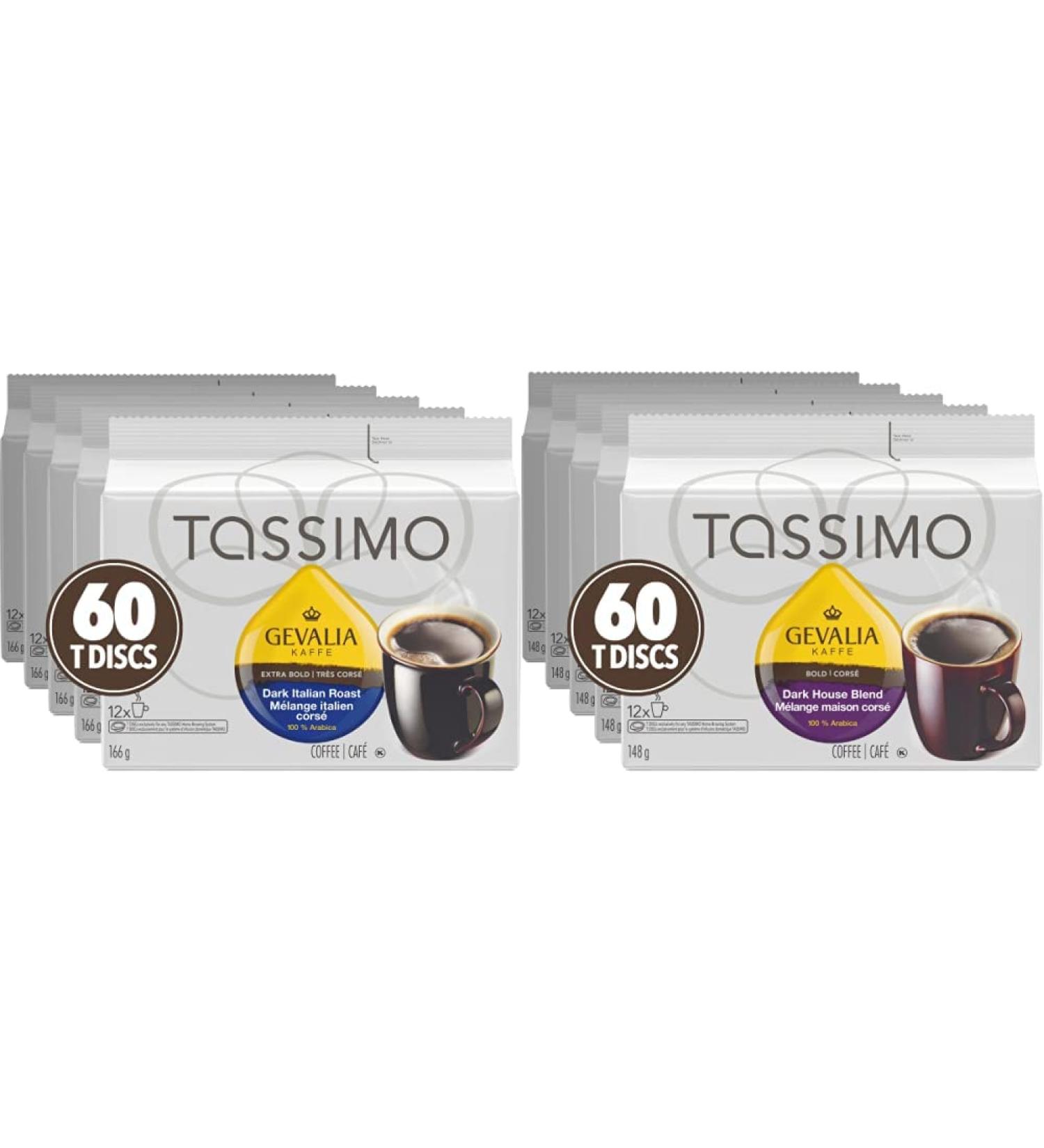 Tassimo Gevalia Dark Italian Roast Coffee Single Serve T-Discs 166g (5 Boxes of 12 T-Discs) & Gevalia Dark Roast Coffee Single Serve T-Discs 148g (5 Boxes of 12 T-Discs) - Buy Online on GoSupps.com