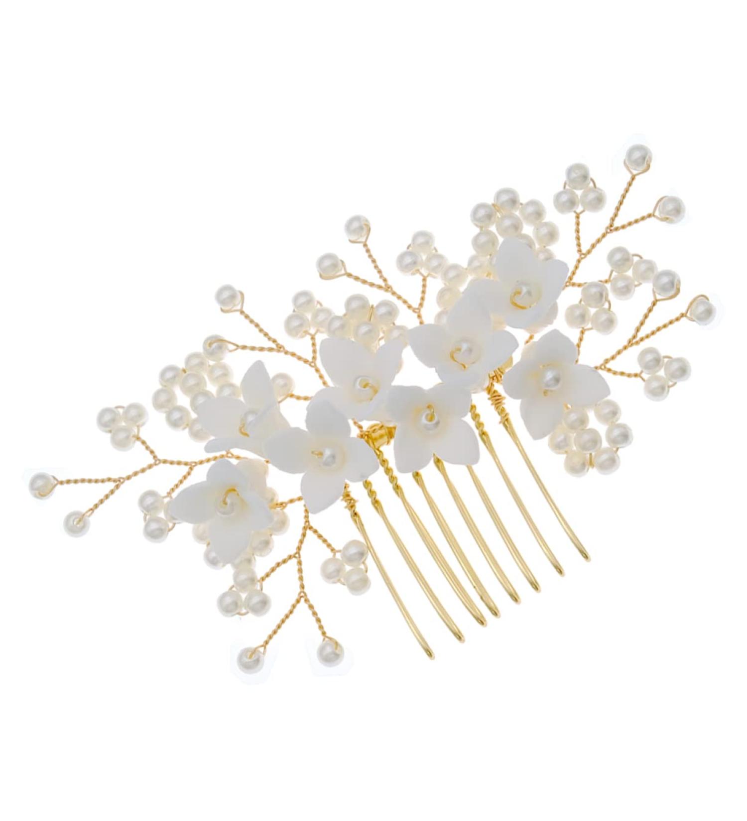 Housoutil Bridal Comb Hair Gems for Women Bridal Hair Side Comb Bride Hair Accessory Bridal Flower Hair Comb Bride Headpiece Hair Accessories for Women Pearl Beautiful Miss Ceramic Flower - Buy Online on GoSupps.com