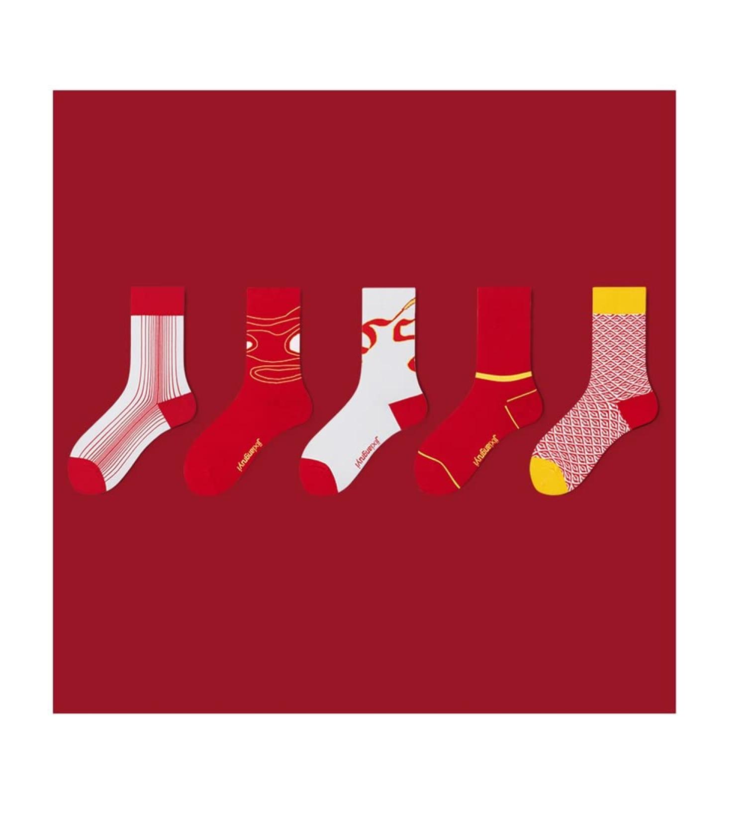 Chinese New Year Red Cotton Sports Socks - 5 Pairs (Size 36-44) | Men's and Women's Fashion Socks - Buy Online on GoSupps.com