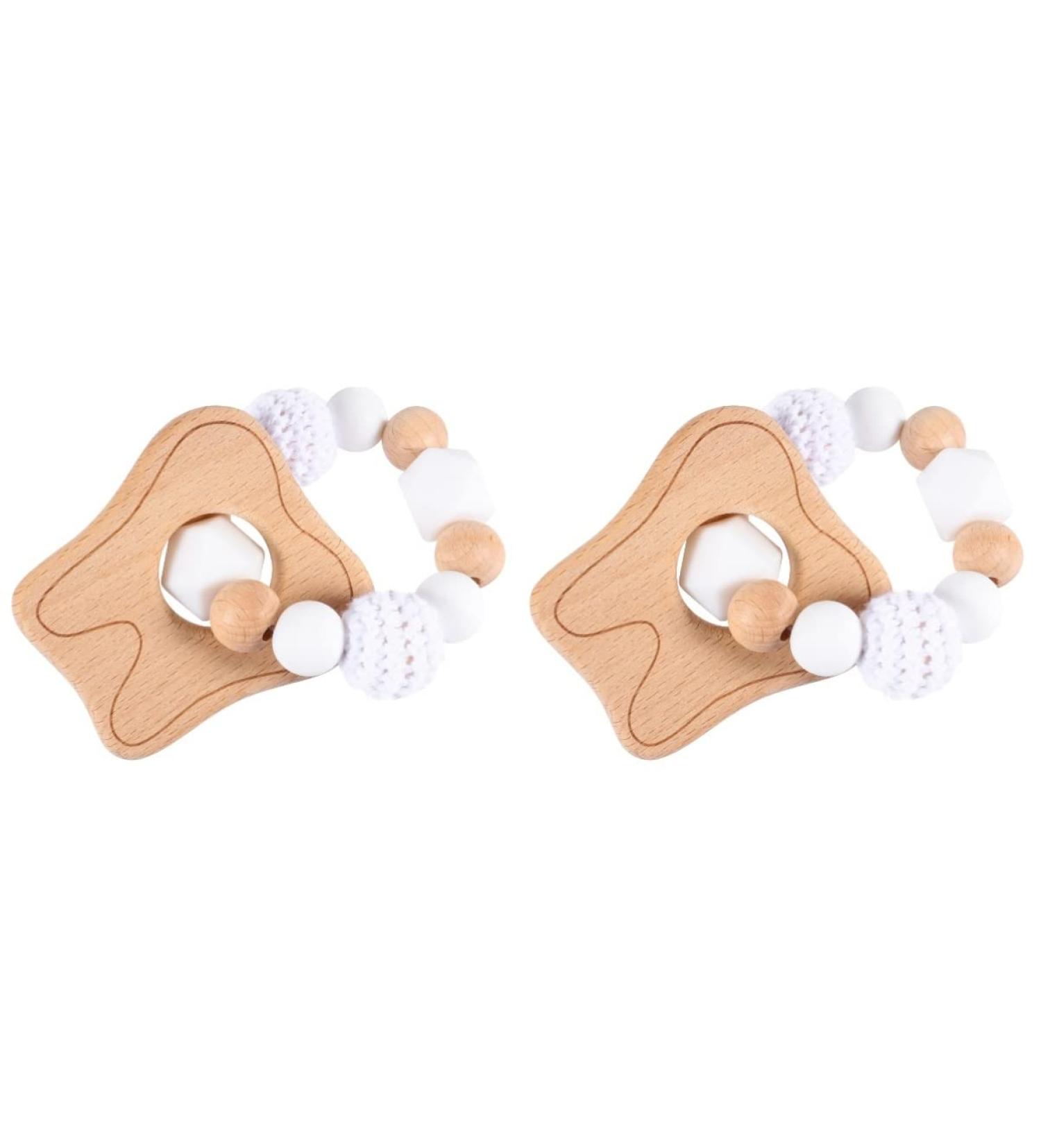 Organic Silicone Baby Teething Toy Bracelet Set - Healifty Beaded Rings & Wooden Shapes x2 - Beige 8x8cm - Buy Online on GoSupps.com