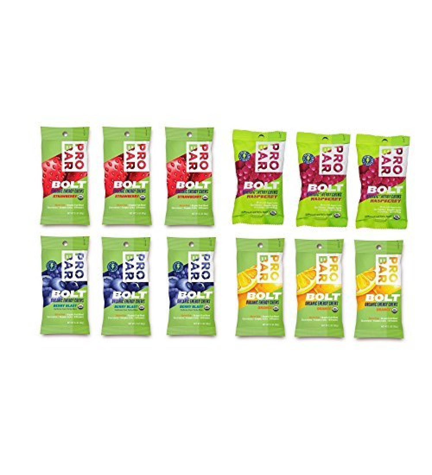 Probar Bolt Organic Energy Chews Orange, Raspberry, Strawberry, Berry Blast - Three of Each Flavor, Box of 12
