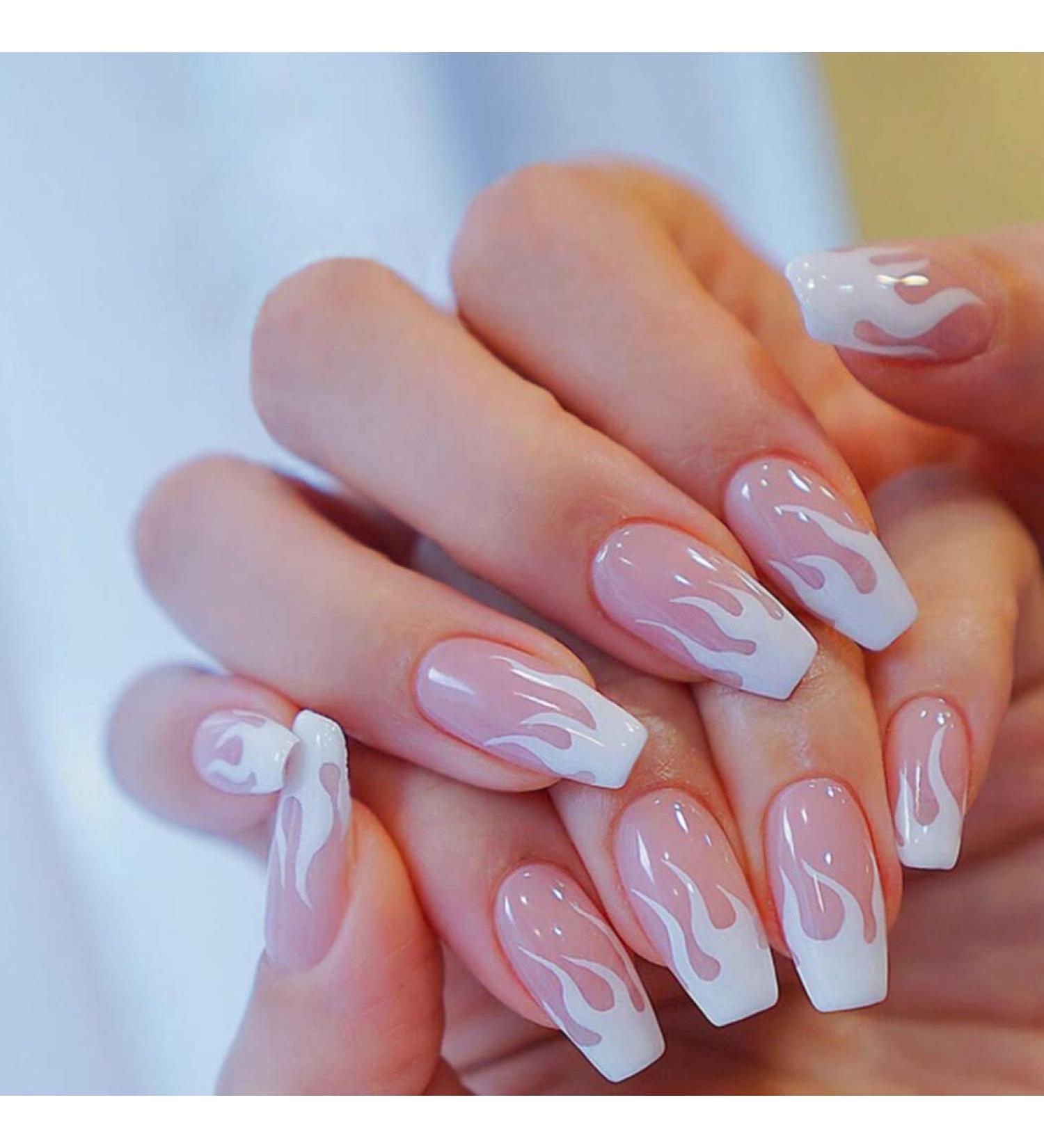 Bmirth Flame Glossy Press on Nails - Long White Coffin False Nails for Women and Girls (Style 3) - Buy Online on GoSupps.com
