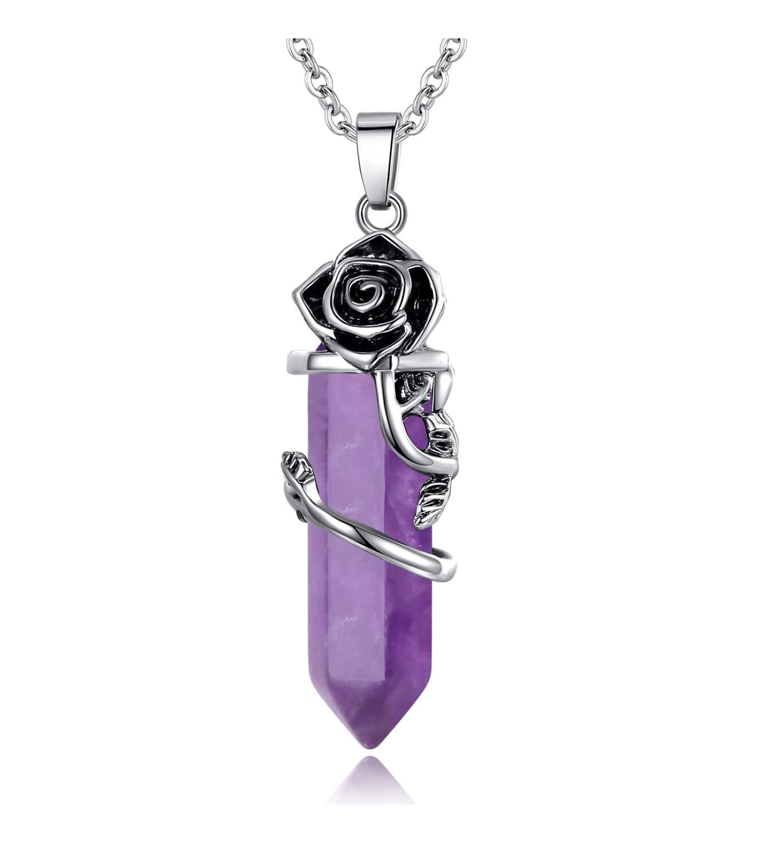 XIANNVXI Rose Flower Pendant Necklace for Women Healing Crystals Hexagonal Stones Necklaces Reiki Spiritual Natural Gemstone Quartz Point Jewelry Purple - Buy Online on GoSupps.com