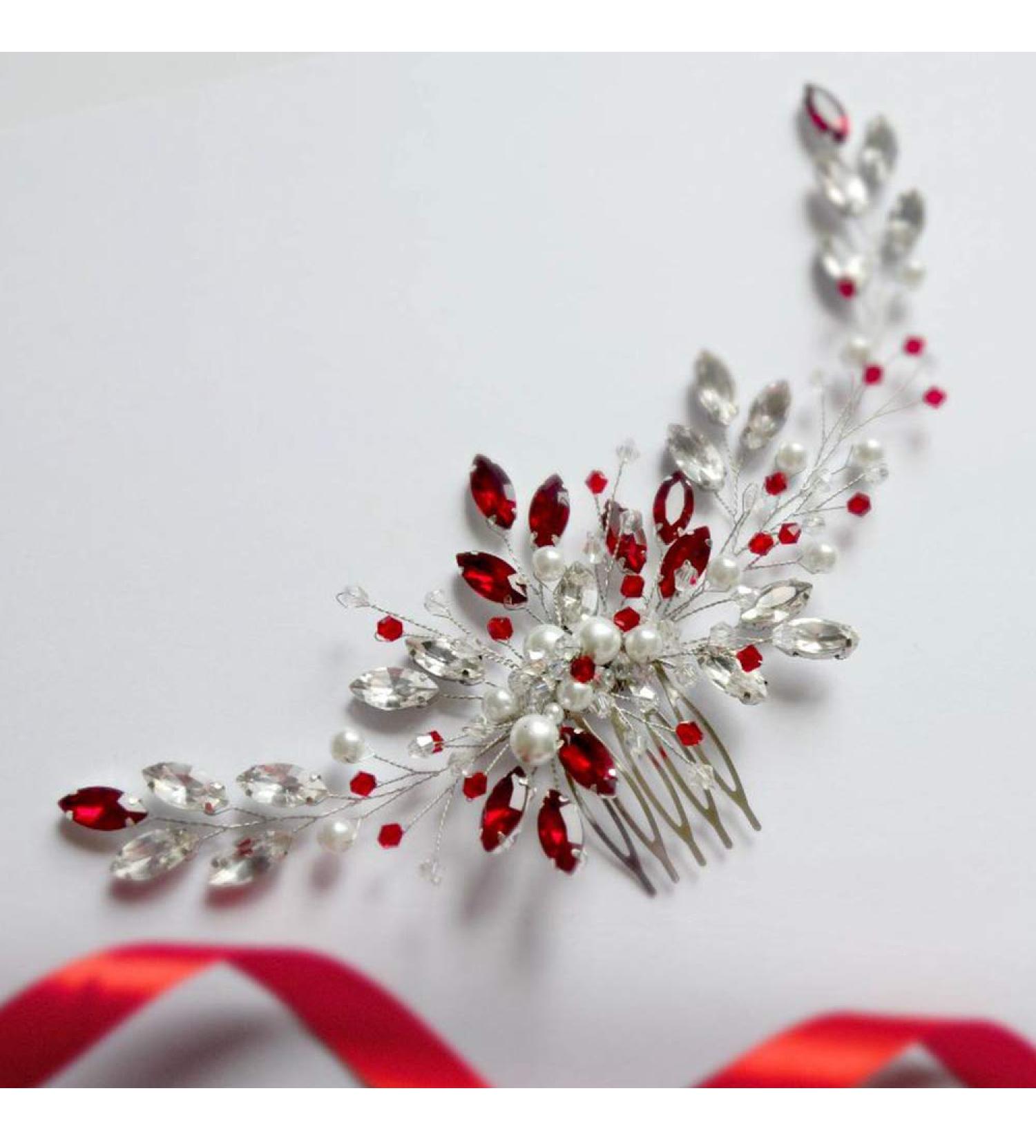 Aimimier Bridal Red Crystal Hair Comb Ruby Hair Vine with Pearl - Wedding Hair Accessories - Buy Online on GoSupps.com
