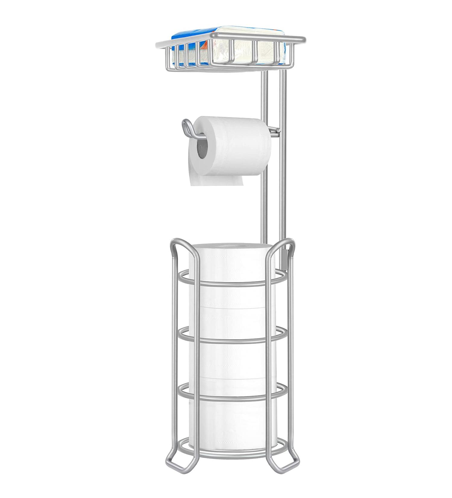 TomCare Upgraded Toilet Paper Holder Stand with Storage Shelf - Silver Grey - Buy Online on GoSupps.com