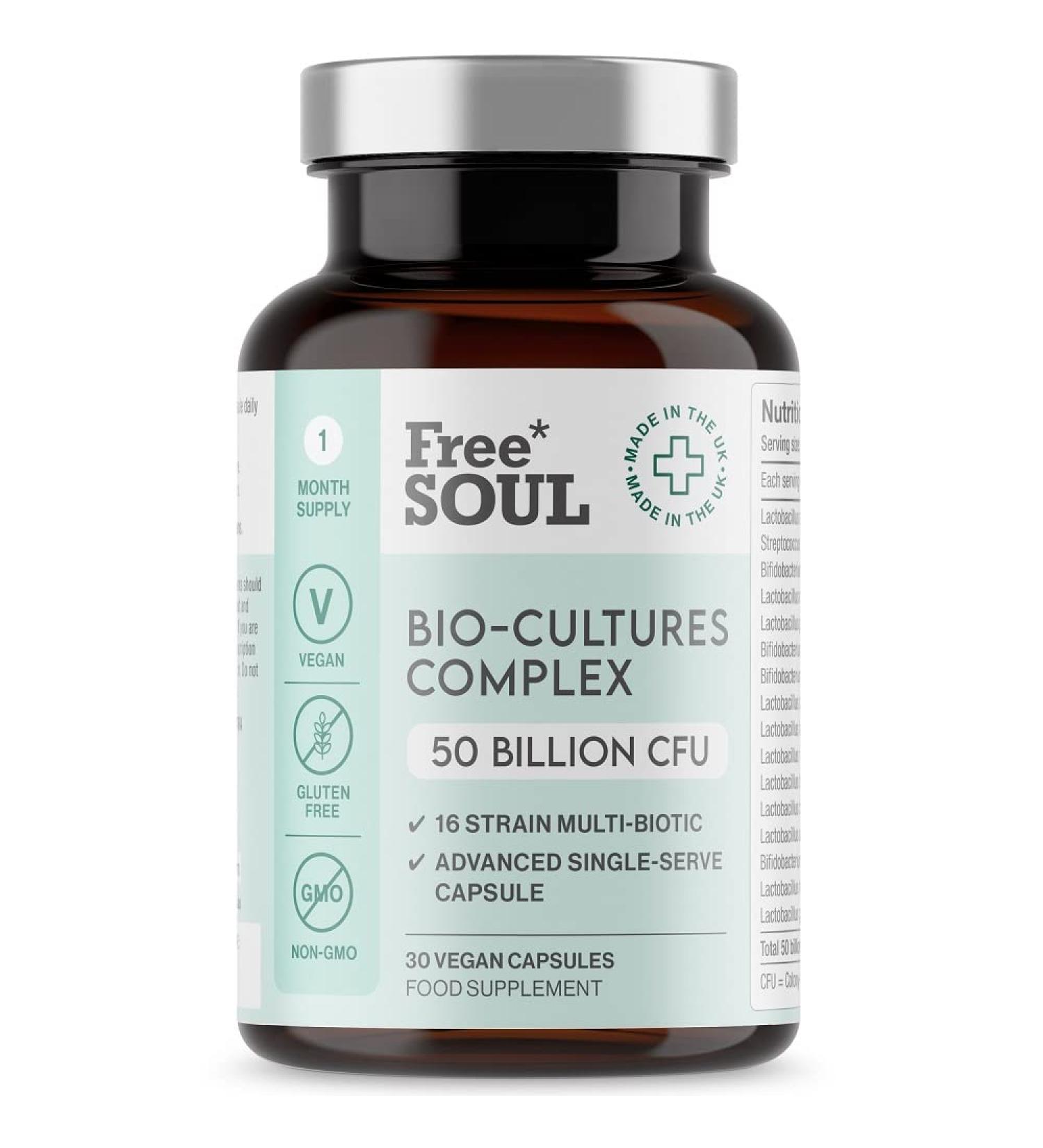 Super Strength 50 Billion CFU Probiotic Complex | 16 Live Strains | Vegan Digestive Enzyme | UK Made - Free Soul - Buy Online on GoSupps.com
