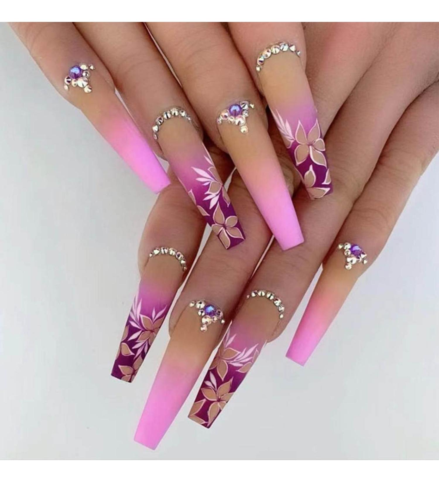 Foccna Extra Long Rhinestone Pink Fake Nails - 24PCS - Buy Online on GoSupps.com