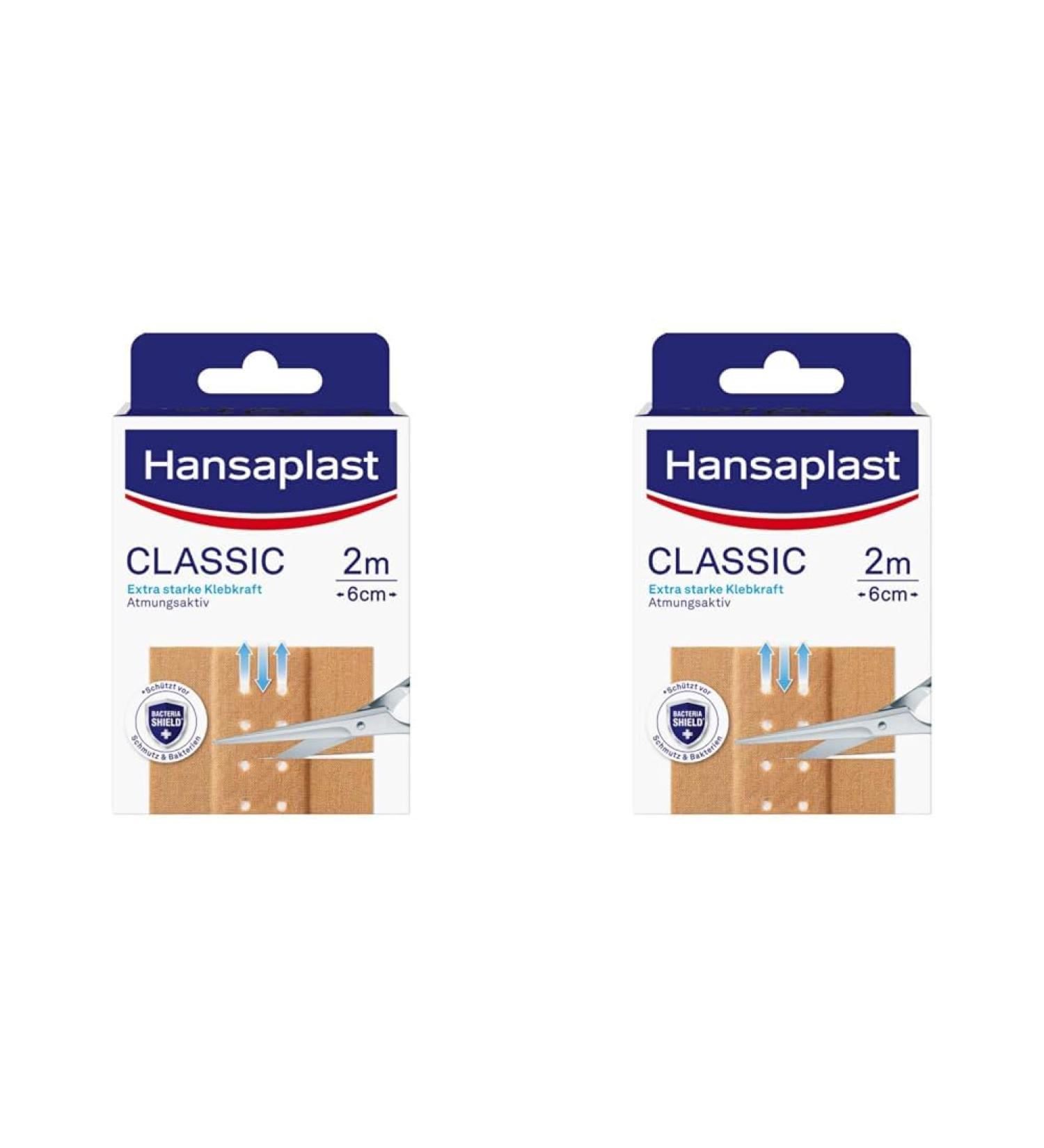 Hansaplast Classic Pflasters (2 m x 6 cm) - Cuttable Wound Plasters with Strong Adhesive & Bacteria Shield | Flexible & Breathable Bandage 2-Pack - Buy Online on GoSupps.com