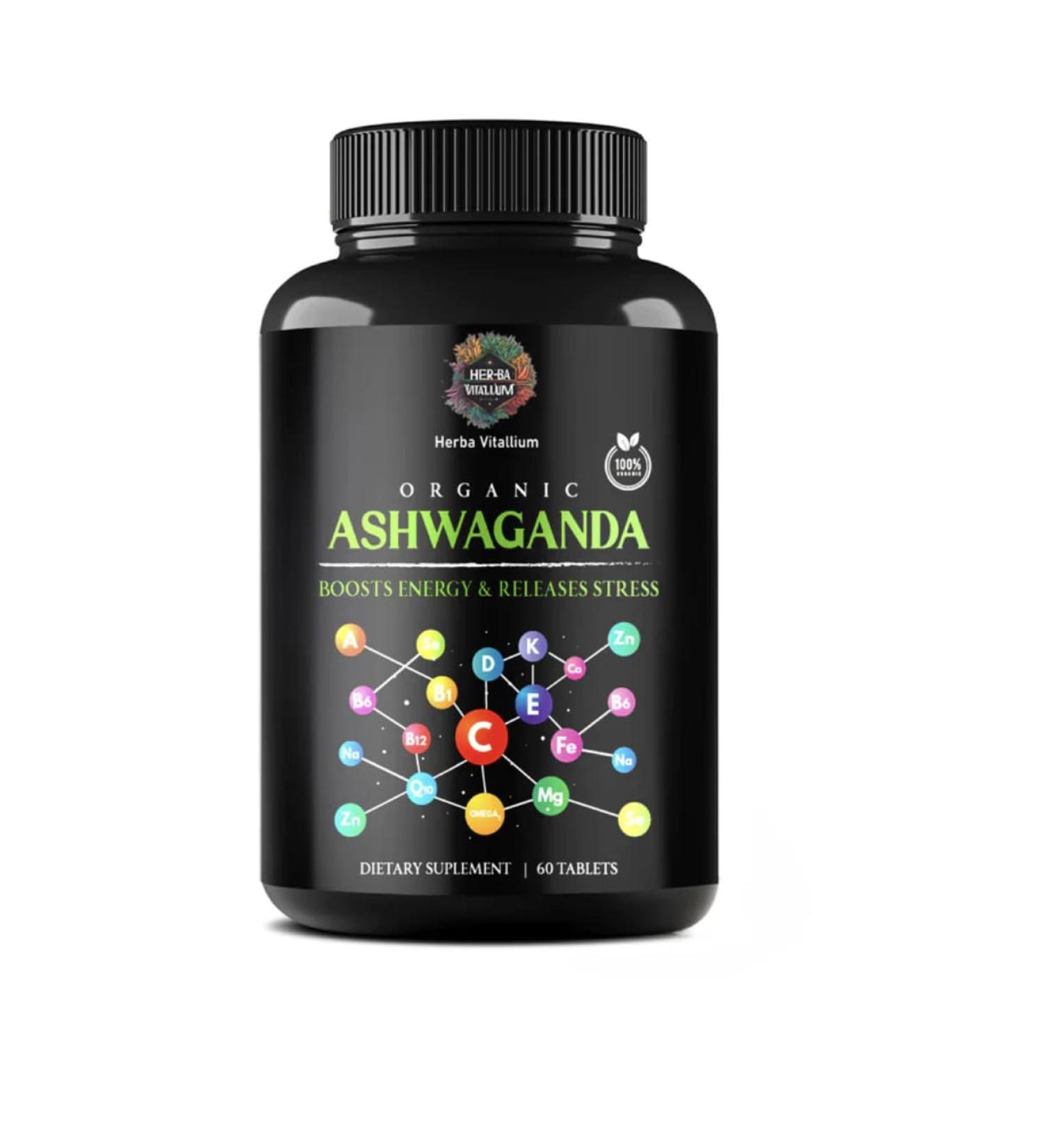Herba Vitallium Organic Ashwagandha Capsules 100% Natural Stress Relief and Energy Booster - 60 Halal Tablets Vegan Non-GMO Gluten-Free Dietary Supplement