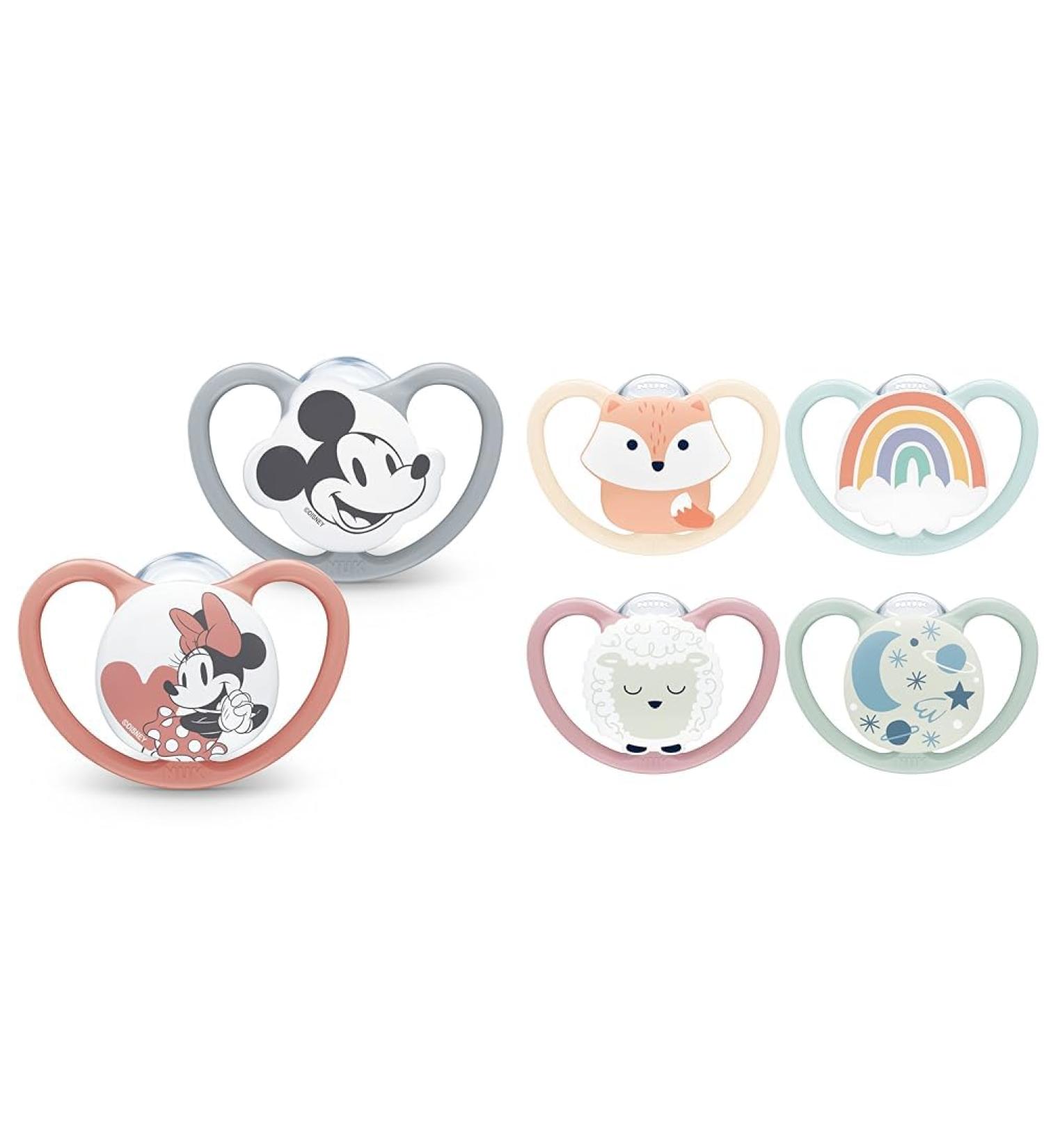 Nuk Space Schnuller for 18-36 Months | BPA-Free Silicone Pacifier | Disney Mickey Mouse | Extra Ventilation | Gray & Pink | 2 Pack & Space Day & Night Baby Casing for 0-6 Months - Buy Online on GoSupps.com