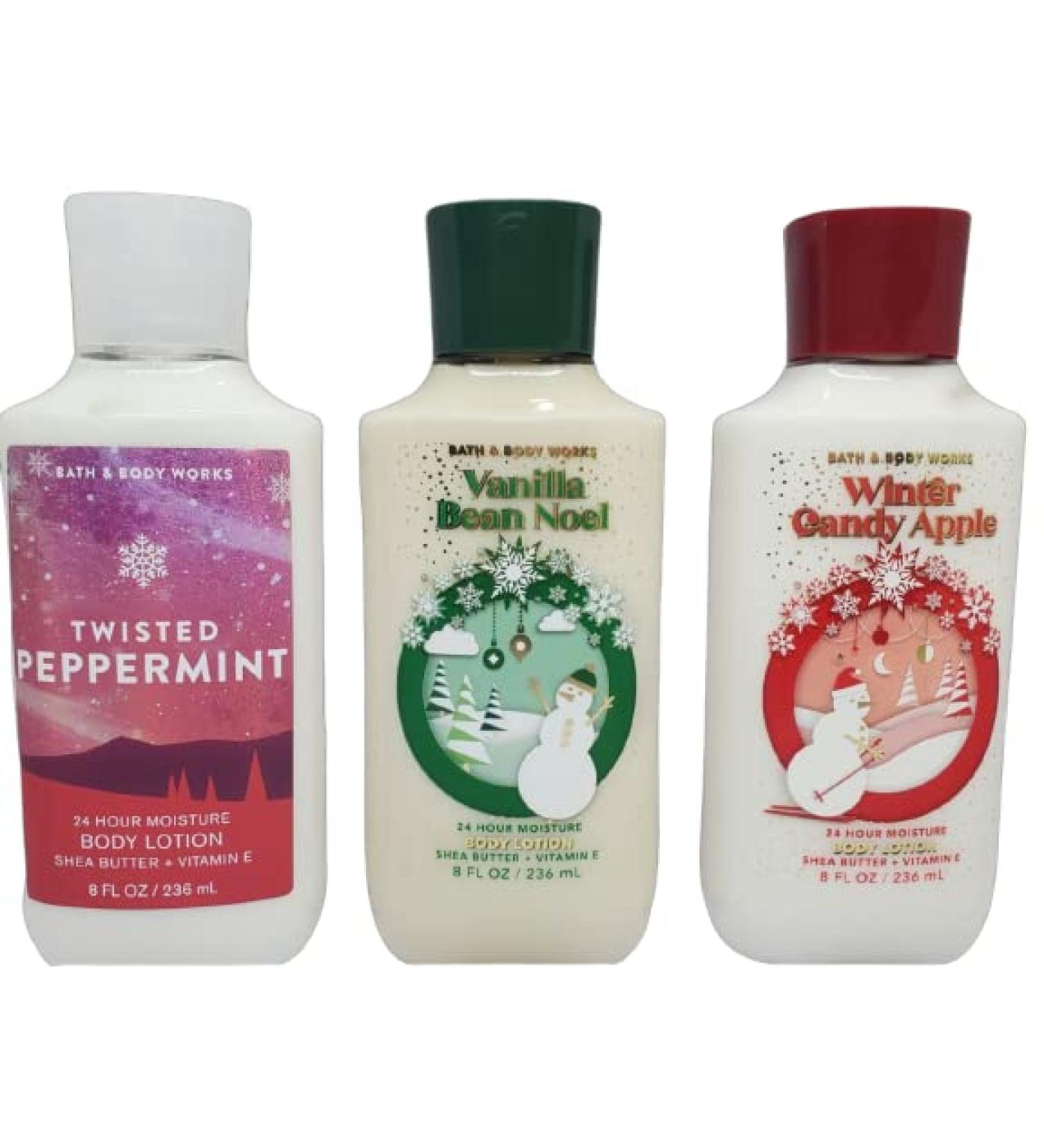Bath and Body Works Holiday Traditions Christmas Lotion Gift Set of 3 Full Size Body Lotions: Vanilla Bean Noel  Winter Candy Apple  and Twisted Peppermint (Large 8 ounce bottles)