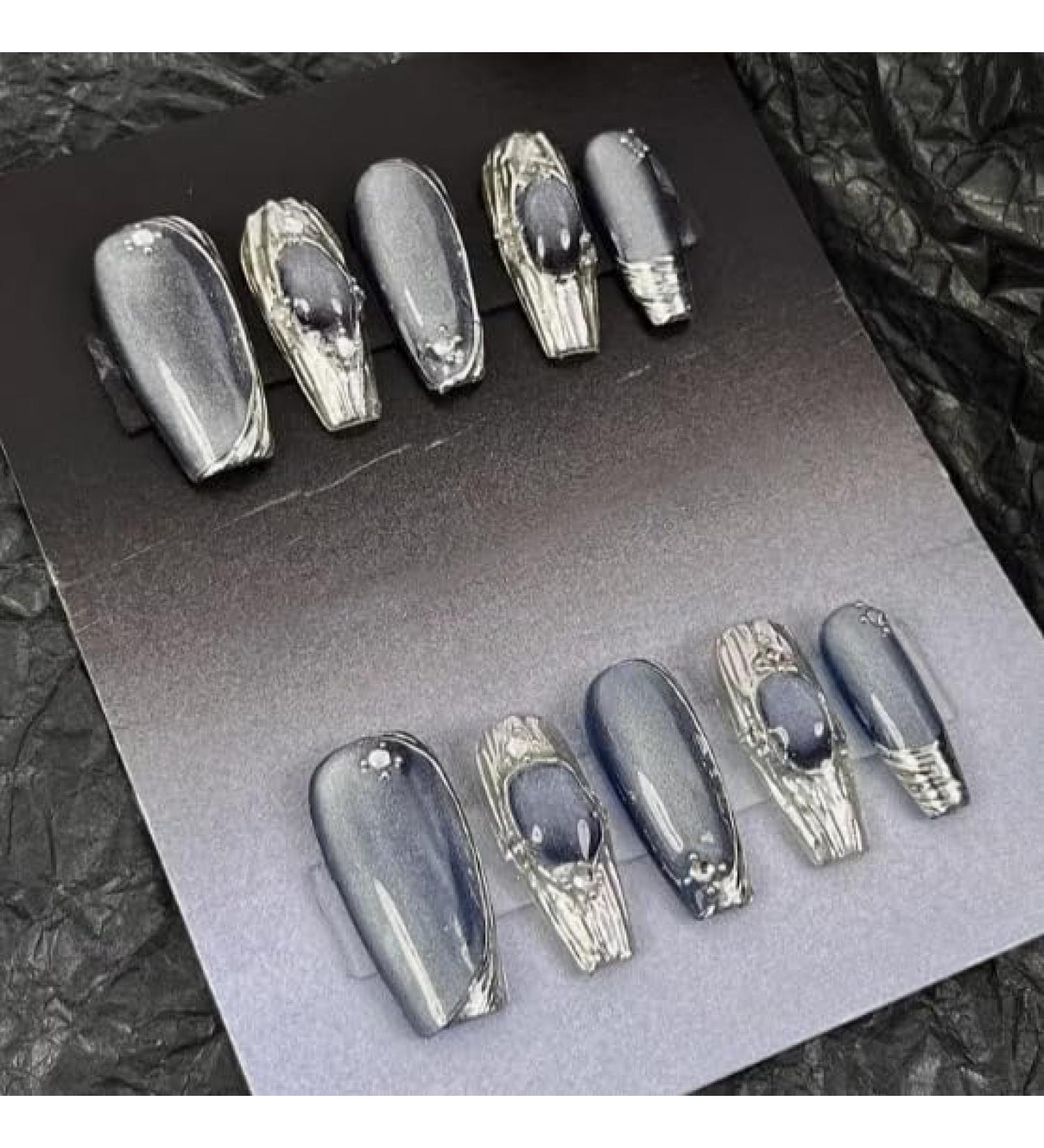 Y2K False Nail Kit Silver Gray Press On Nails Almond Handmade Jelly Gel Fake Nail -3D Sliver Glitter Flash Technology Sense Cat Eye Glitter Almond Glue On Nail Stiletto Acrylic Short Oval Stick On False Nail for Women (XS Small Nail Bed 26mm) - Buy Online on GoSupps.com