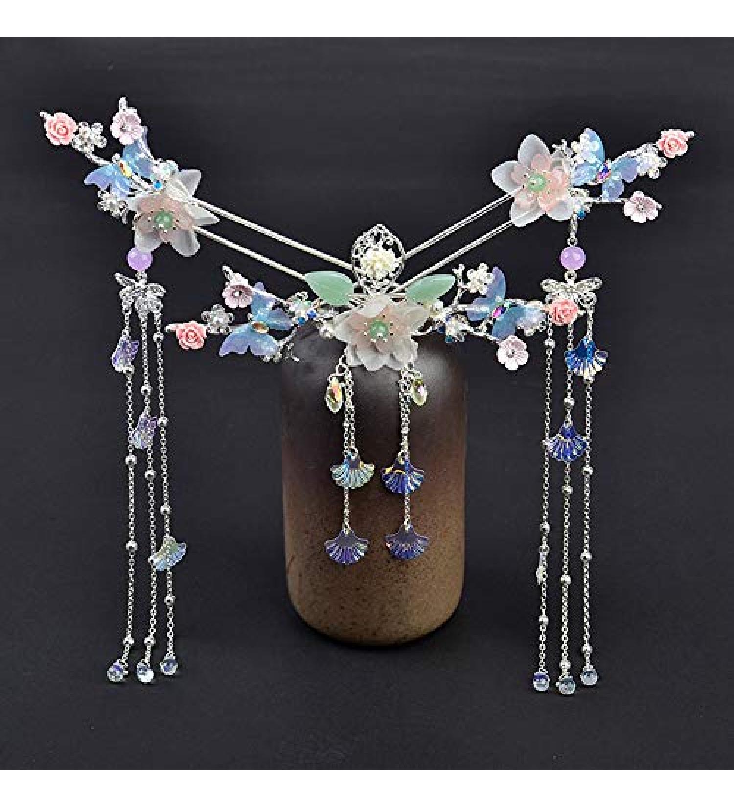 Zhaocaimao Vintage Hair Sticks & Earrings Set - Chinese Hanfu Style with Long Tassel Pins - Handmade Traditional Headwear - Buy Online on GoSupps.com