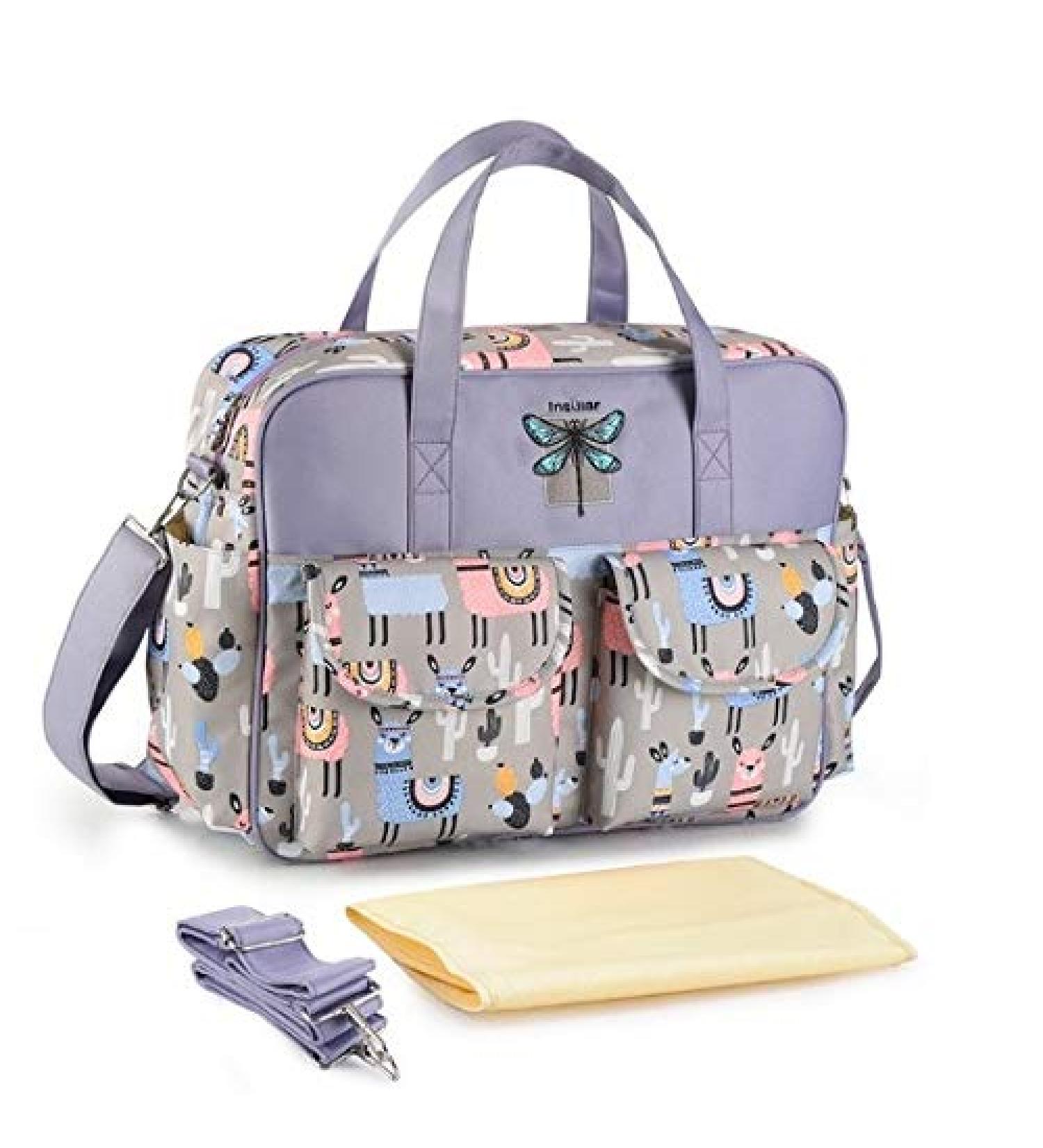 Insular Multifunctional Waterproof Mummy Shoulder Bag Diaper Bag Chic Nappy Changing Bag Tote/Messenger Style Large Light Weight with Changing Mat Adjustable Straps (Lavender (Larma))
