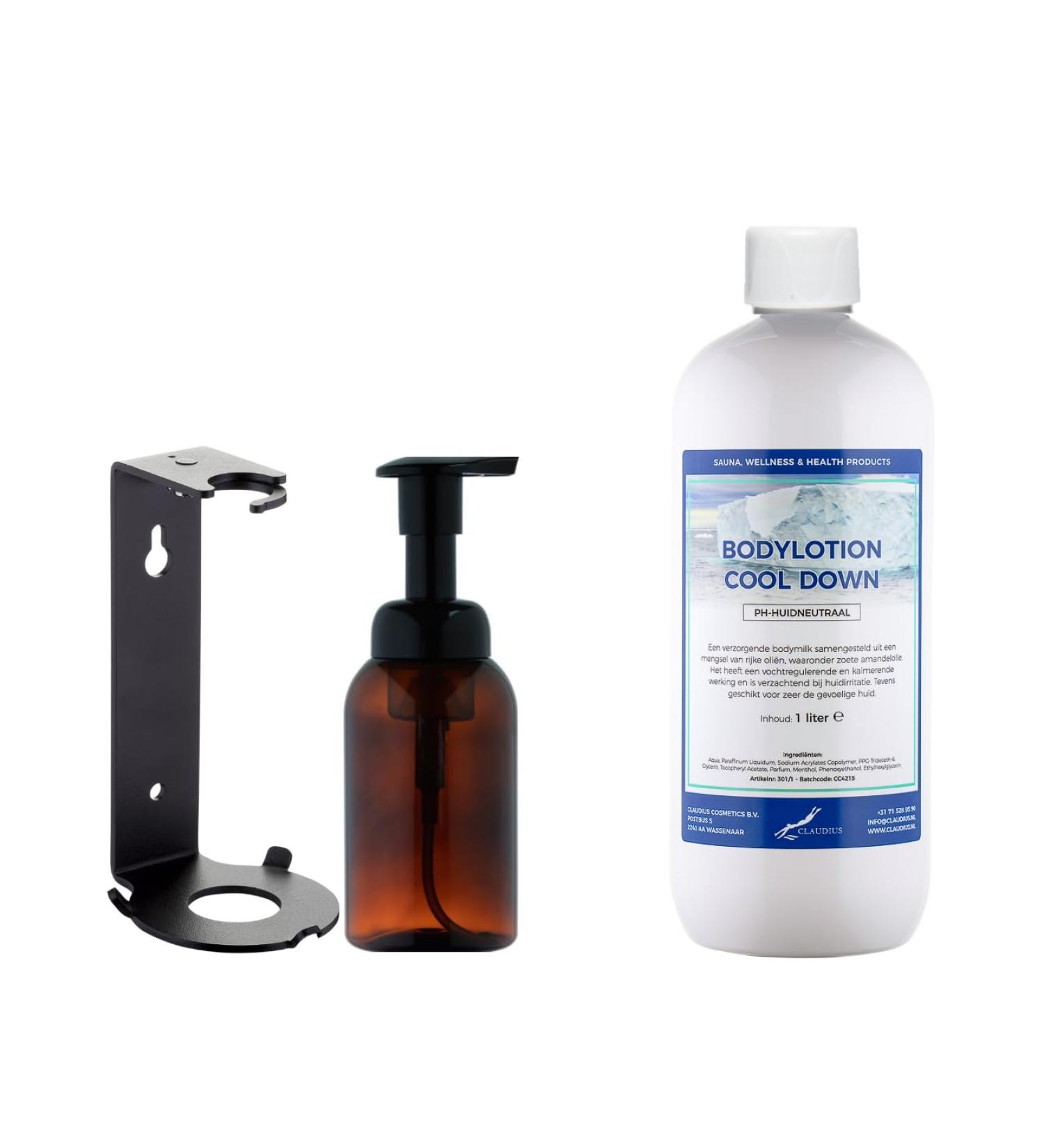 Claudius Soap dispenser 300 ml amber brown refillable + 1 liter Body Lotion Cool Down refill including bracket