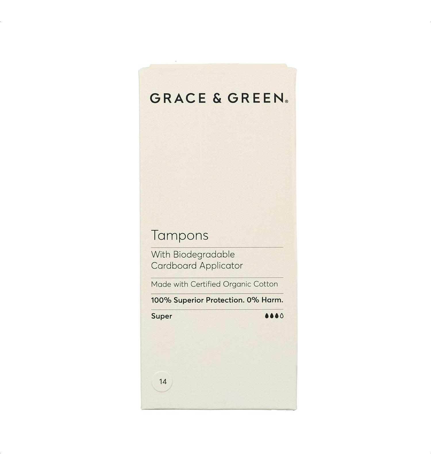 Grace & Green Organic Cotton Super Tampons with Biodegradable Applicator - 14 Count Pack - Plastic-Free & Made with Organic Cotton - Buy Online on GoSupps.com