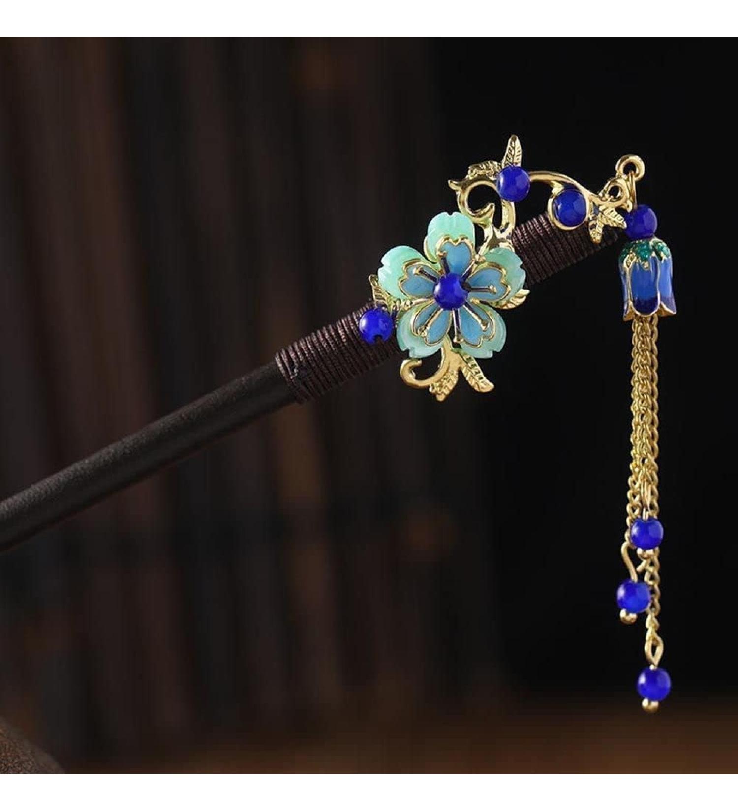 Blue Chinese Japanese Hair Stick Retro Wooden Hairpin Flower Hair Chopsticks Vintage Tassel Hair Stick Wedding Party Hair Stick Hanfu Hairpins Hair Styling Pins Hair Accessories - Buy Online on GoSupps.com