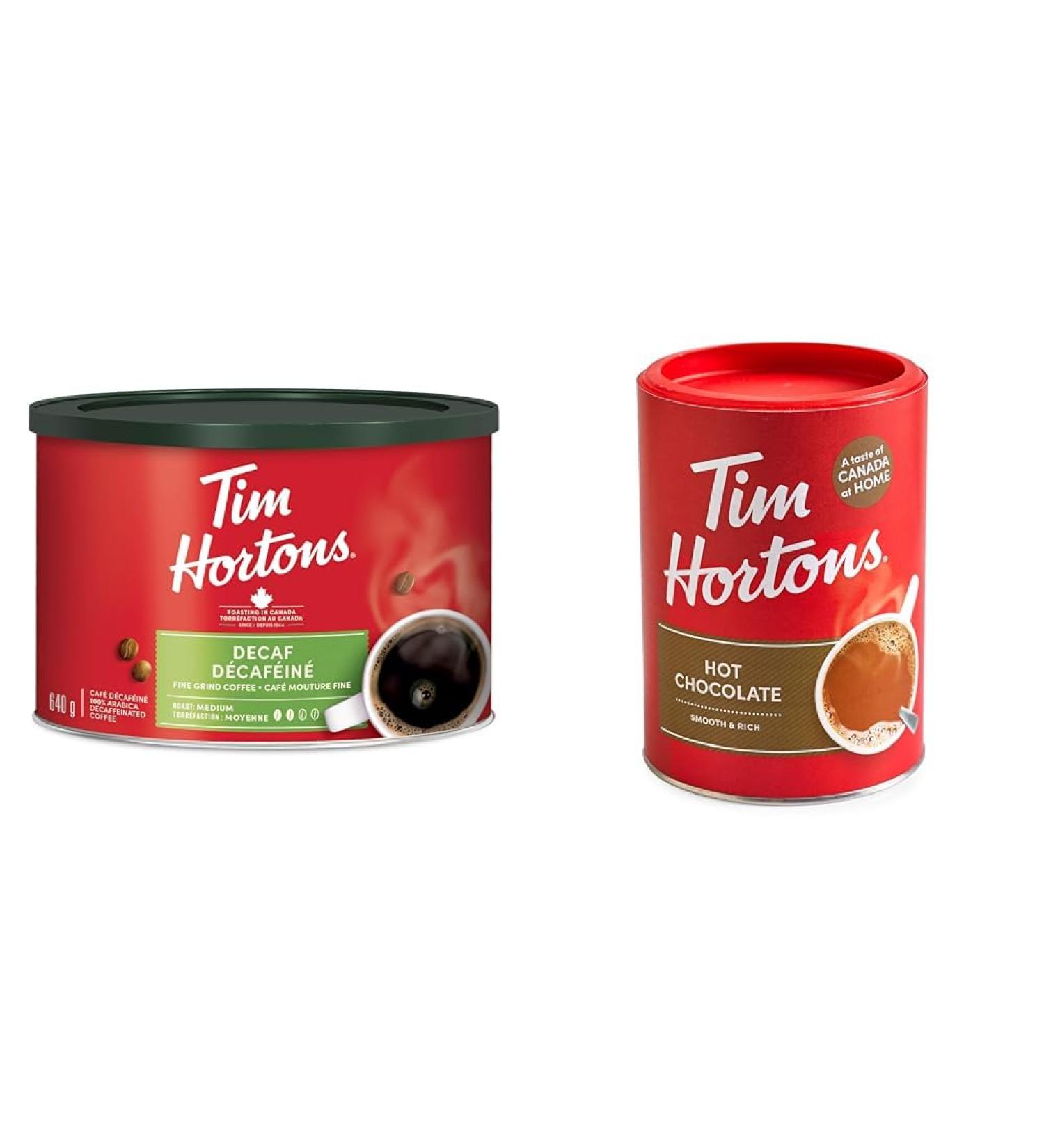 Tim Hortons Decaf Fine Grind Coffee Medium Roast 640g Can & Hot Chocolate Beverage Mix Original 500g Can - Buy Online on GoSupps.com