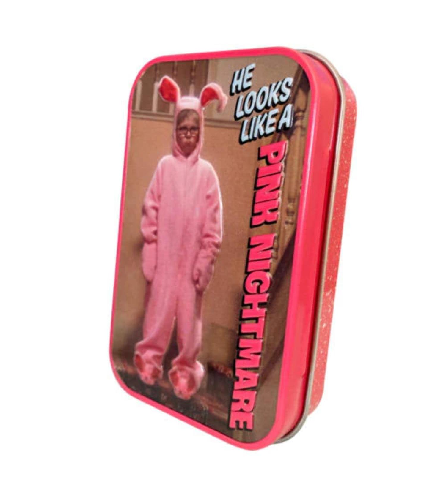 Boston America A Christmas Story inHe Looks Like a Pink Nightmare in Wintergreen Mint Candy - One (1) Collectible Tin - Pink Bunny Shapped Candies