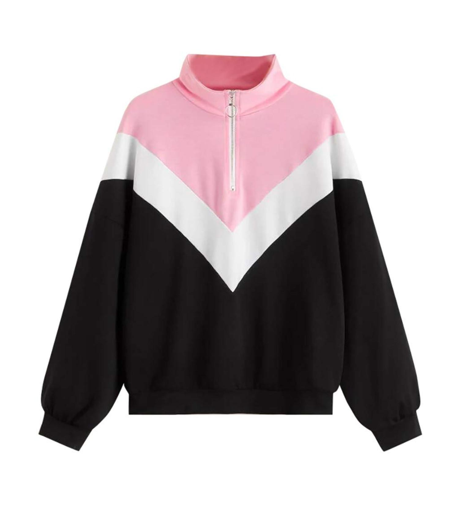 Bigfanshu in Women's Clothing Cut and Sew Zipper Front Stand Collar Sweatshirt Color-Block Blouse Top Pink - Buy Online on GoSupps.com