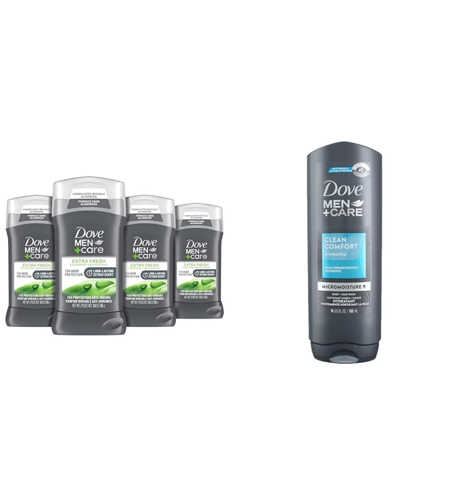 Dove Men+Care Deodorant Stick for Men Extra Fresh 4 Count Aluminum Free 3 oz & Body and Face Wash Clean Comfort 4 Count for Healthier and Stronger Skin Effectively Washes Away Bacteria - Buy Online on GoSupps.com