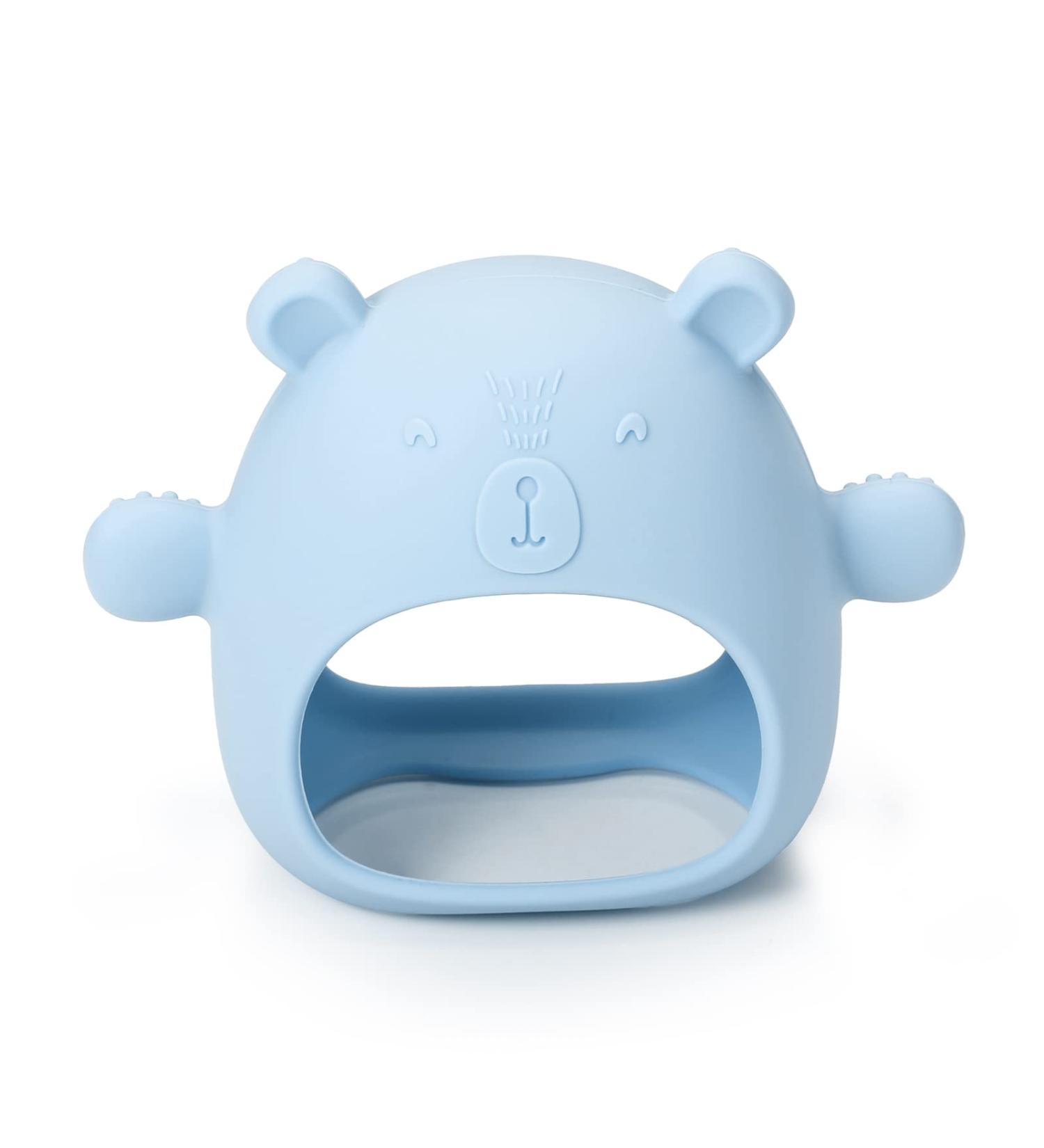 ORIA Silicone Baby Teether - Bear Buddy Teething Toy & Anti-Drop Mitten - Morandi Blue | Infant Chew Relief - Buy Online on GoSupps.com