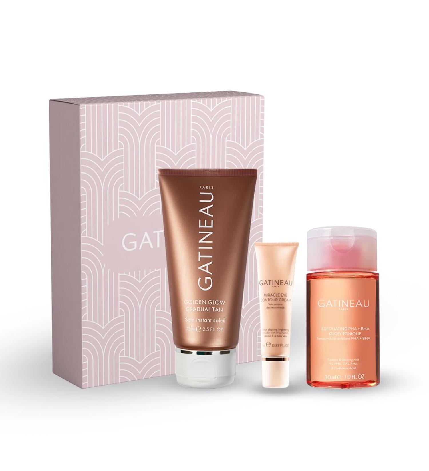 Gatineau - Radiance & Glow Complexion Trio Gift Set Golden Glow Gradual Tan (75ml) Miracle Eye Contour Cream (11ml) & Exfoliating PHA + BHA Glow Tonique (30ml) - Buy Online on GoSupps.com