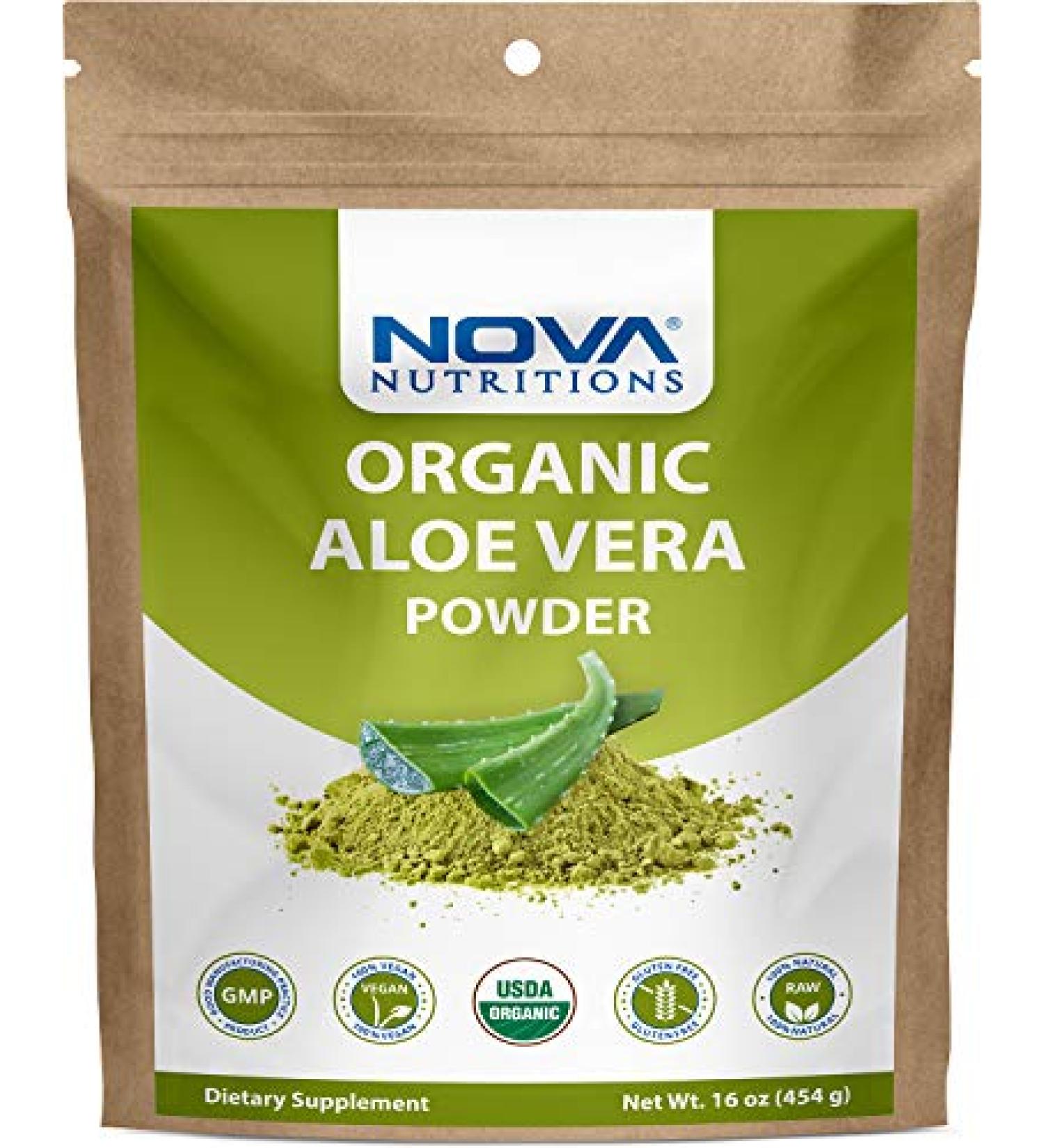 Nova Nutritions Certified Organic Aloe Vera Leaf Powder 16 OZ (454 gm) - Aloe Barbadensis Supplement - Buy Online on GoSupps.com